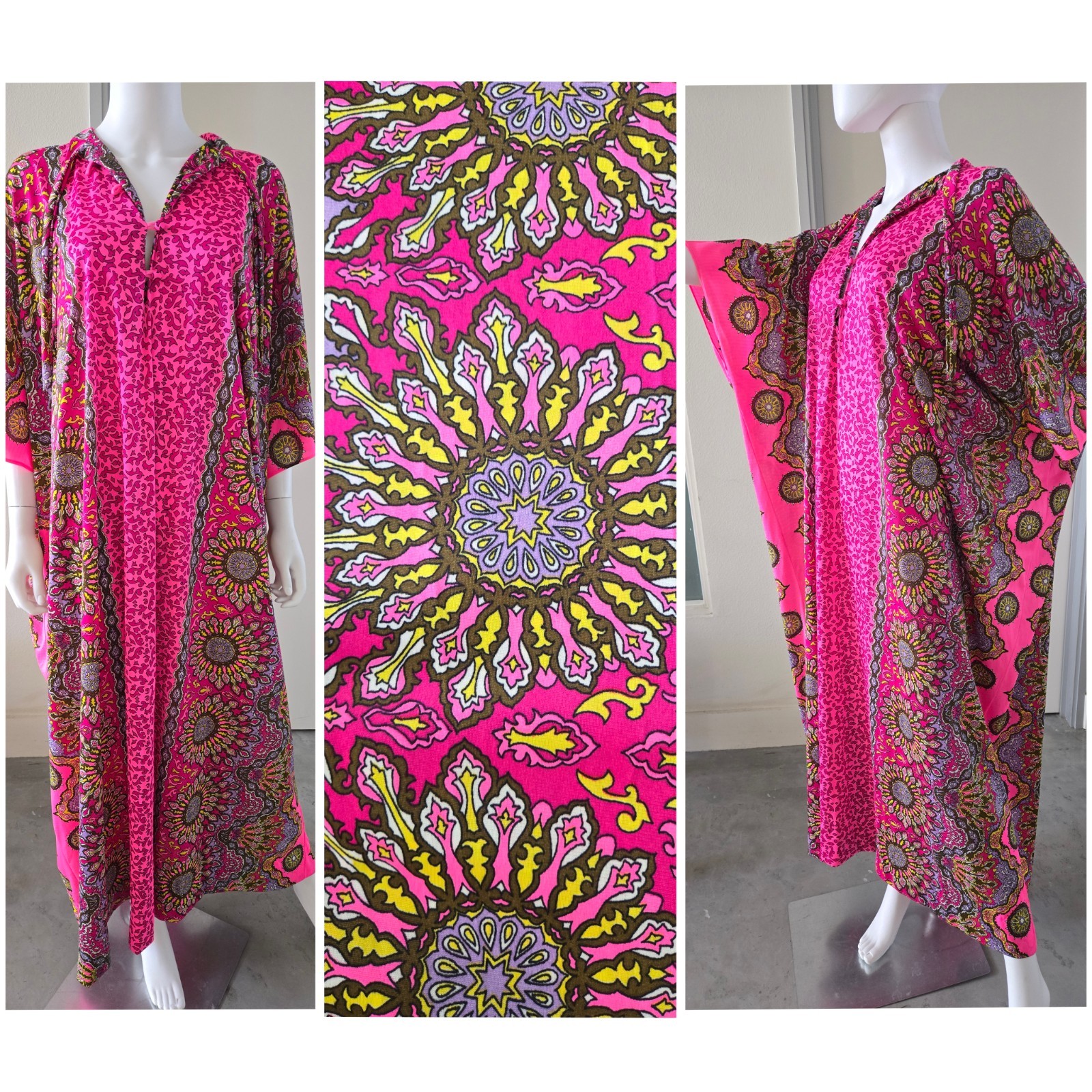 VTG 60s 70s Kaftan Psychedelic Caftan Robe Dress Hippie Festival Palm Royale XXL
