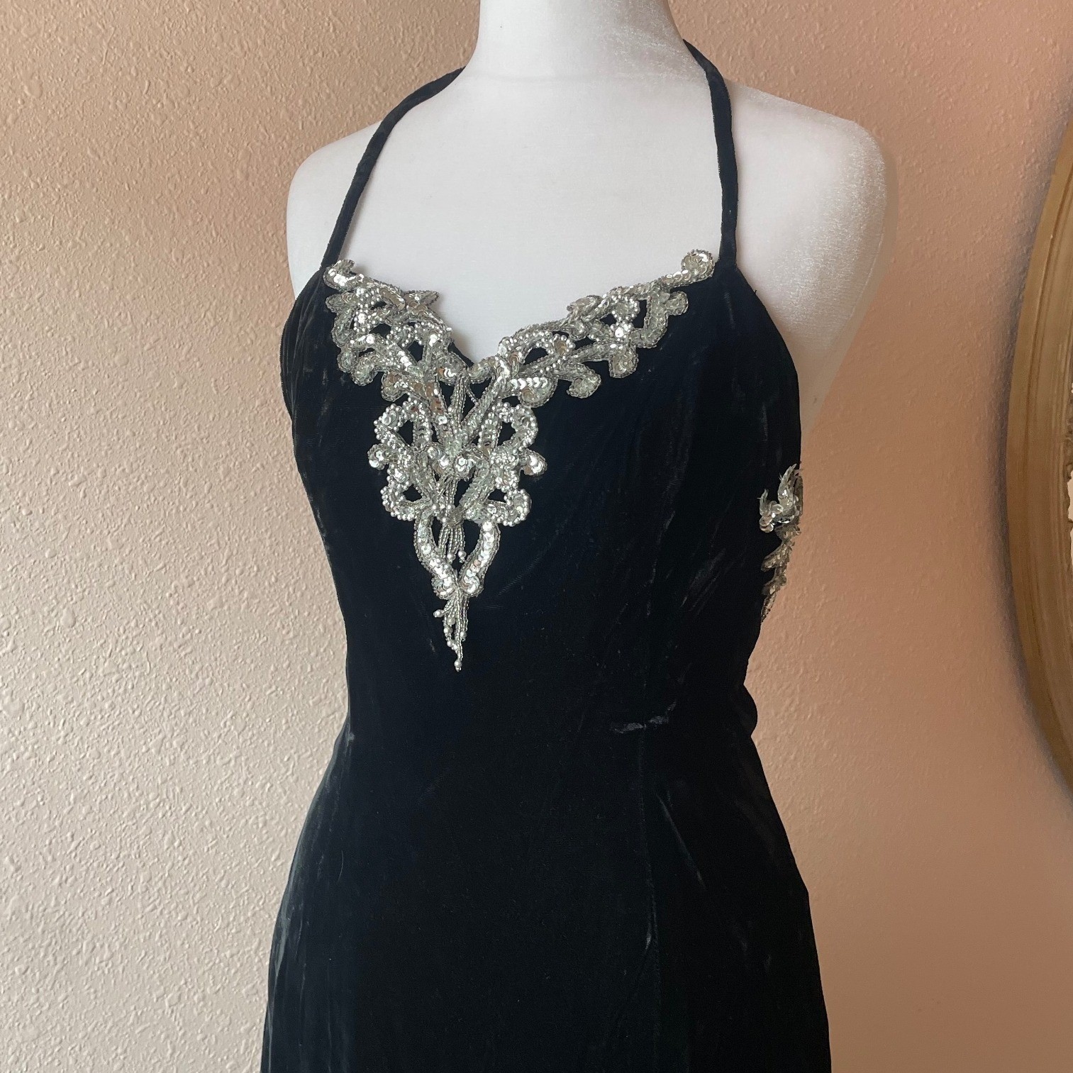 Vintage 80s / 90s Black Velvet Sequined Cocktail Dress