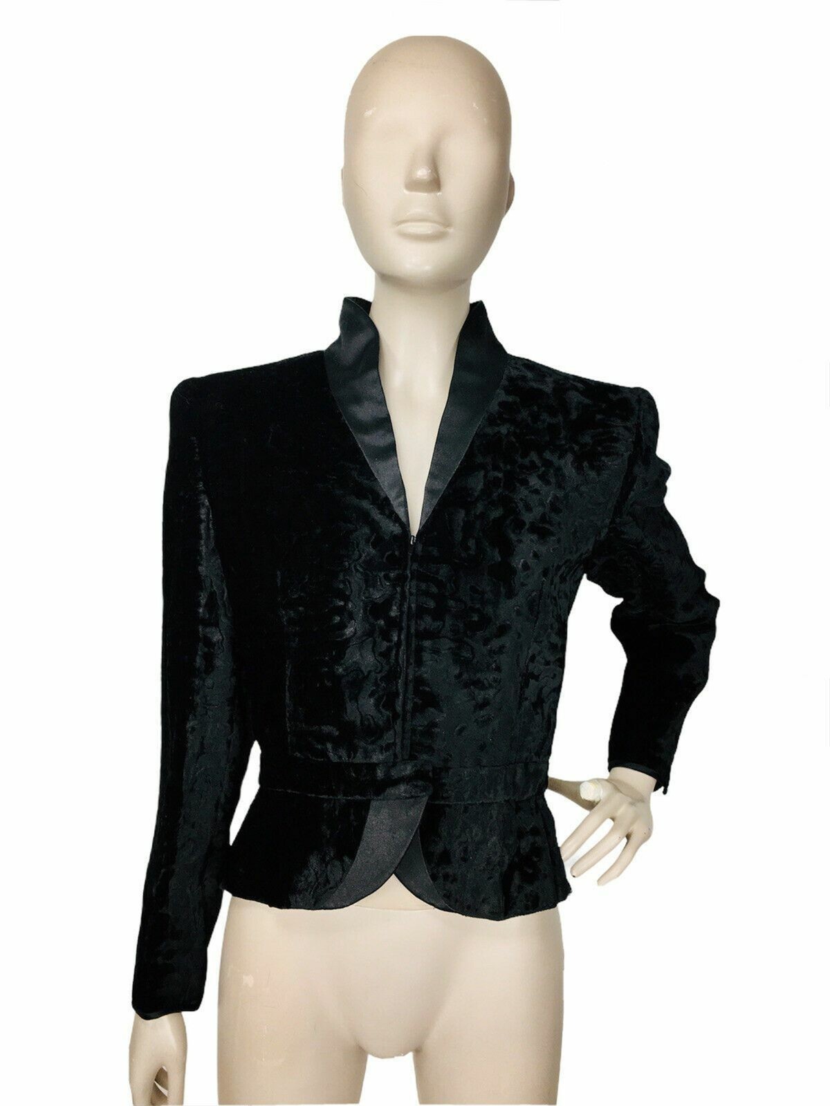 Vintage Black Crushed Velvet Animal Print Satin Trim High Shoulder Peplum Jacket