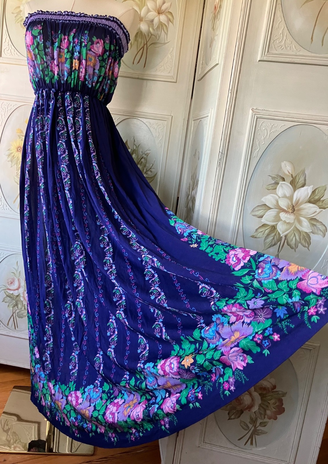 VTG 70s GOTTEX NEIMAN MARCUS DRESS SLEEVELESS TRIACETATE HAWAII PURPLE FLORAL M