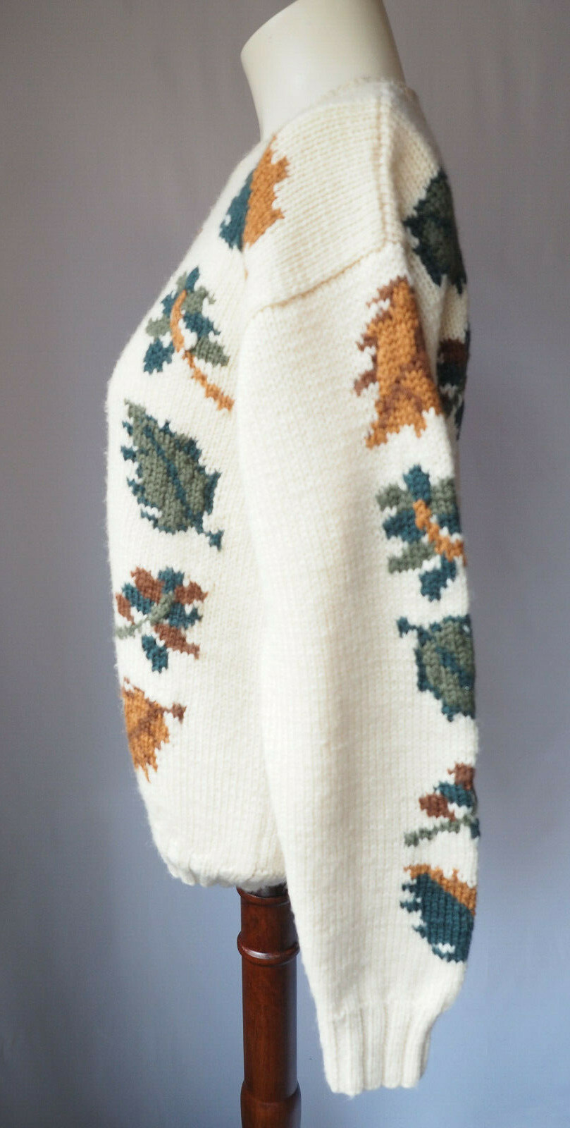Vintage 90’s Austin Hill 100% Wool Sweater Leaf Theme Cream Ivory Size M