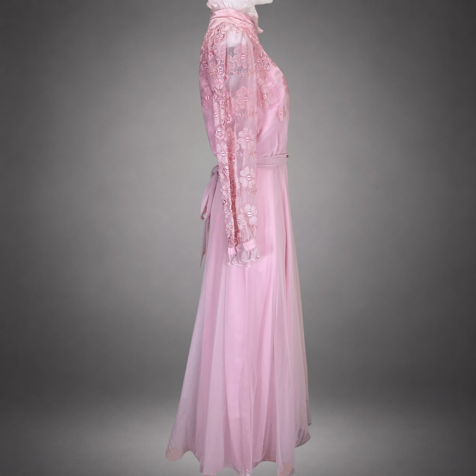 Vintage Miss Elliette California Pink Embroidered Chiffon Maxi Dress Size 12 NWT
