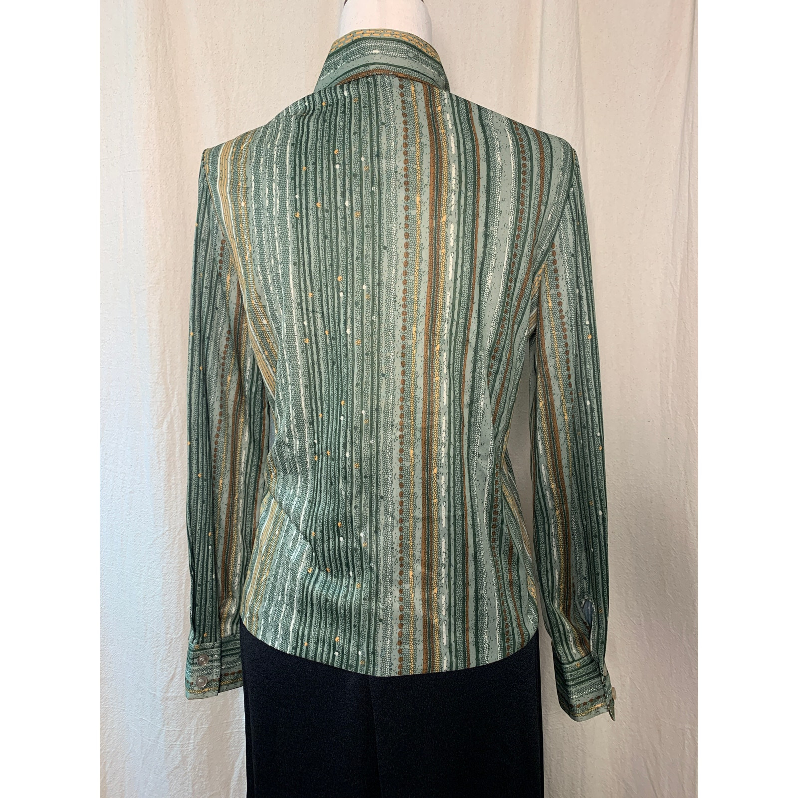 1970s Devon Retro Disco Earth Tones Stripe Dagger Collar Shirt Maxi Skirt Set M