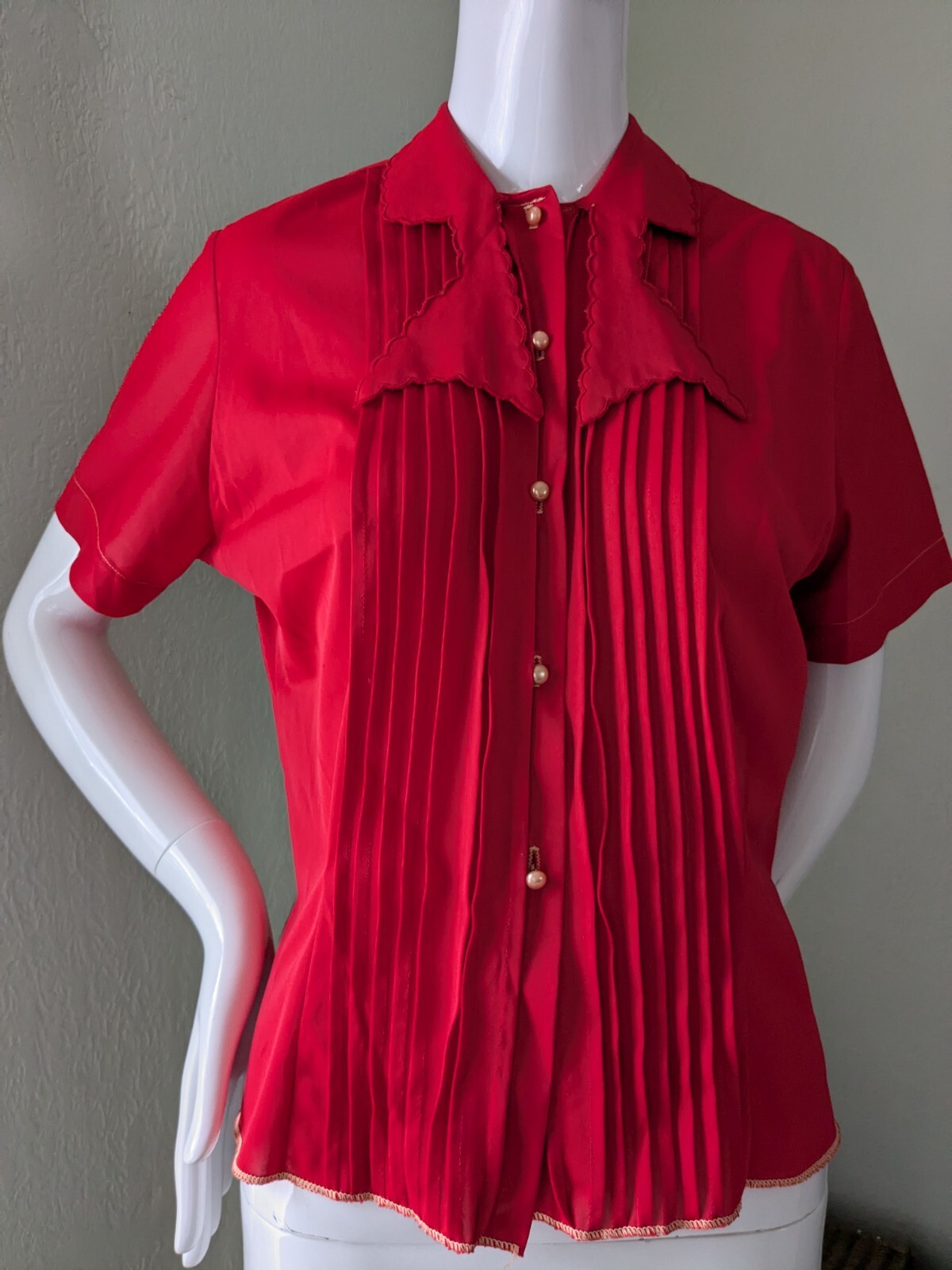 Vintage Pleated Red Top, 1950s or 60s, short sleeve, bow tie collar
