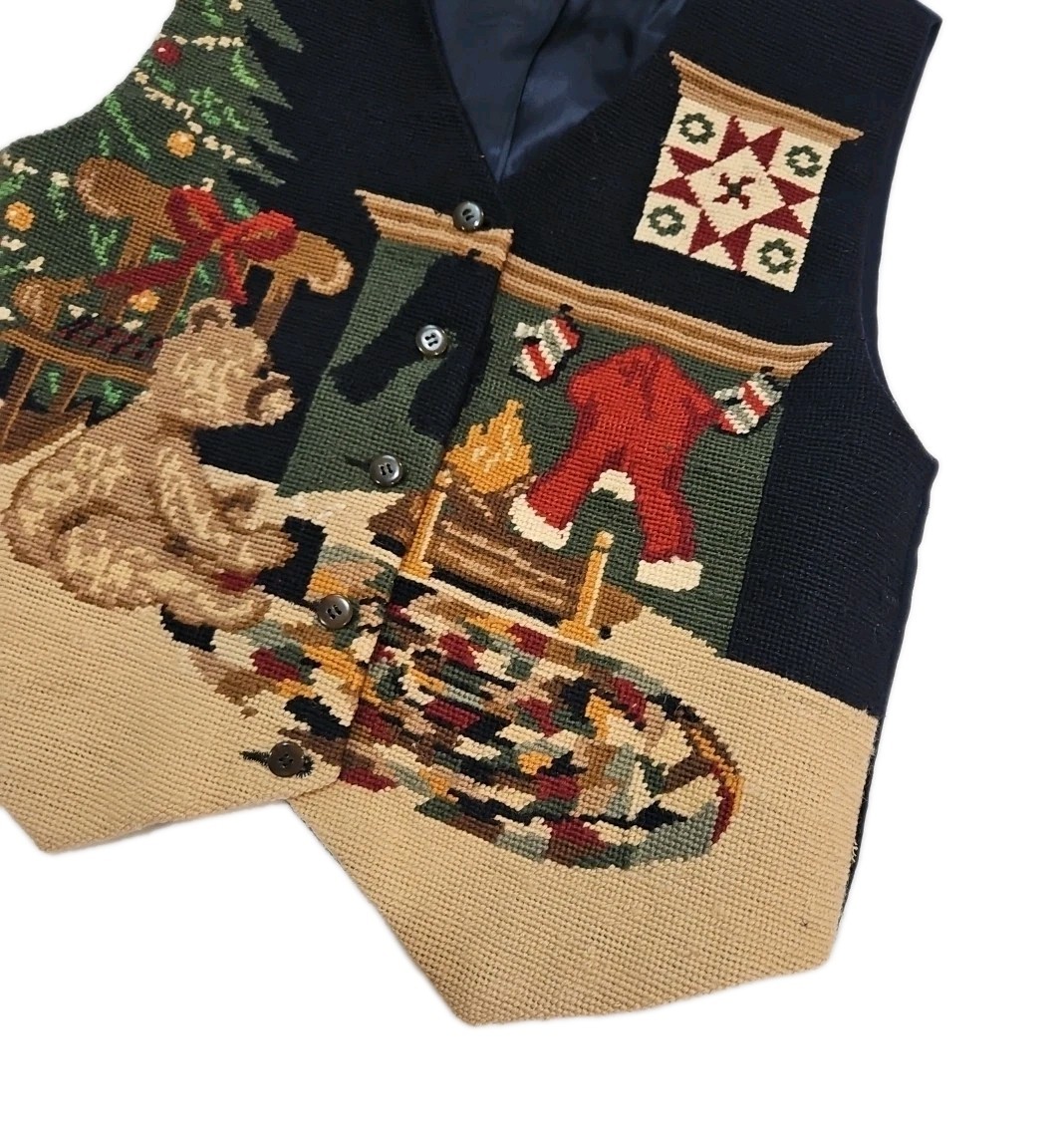 VTG 90s Eagles Eye Wool Needlepoint Blue Christmas Vest Holiday Festive Sz M