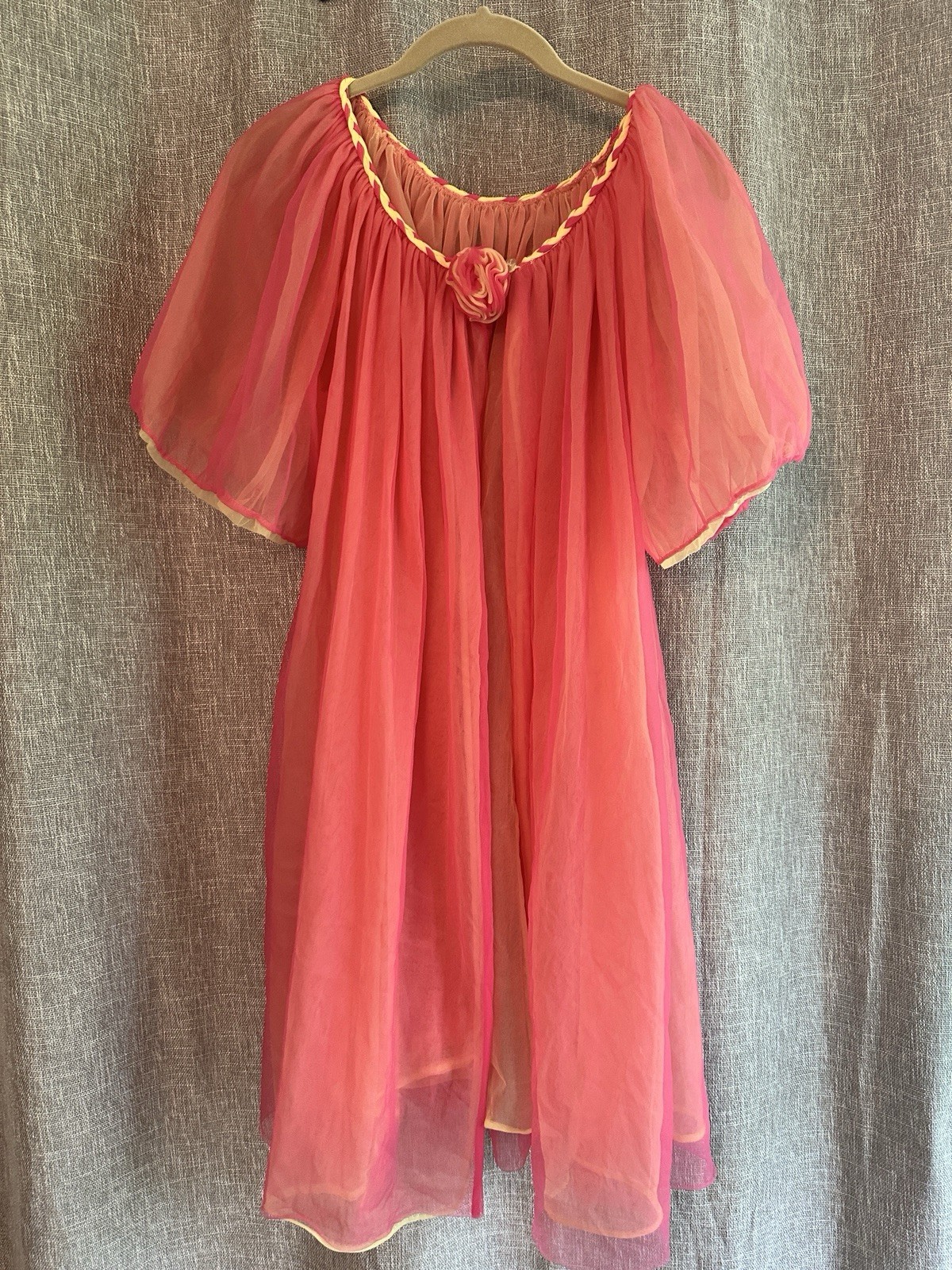 Vintage Large Hot Pink & Yellow Robe Braided Collar Rosette closure Retro MCM