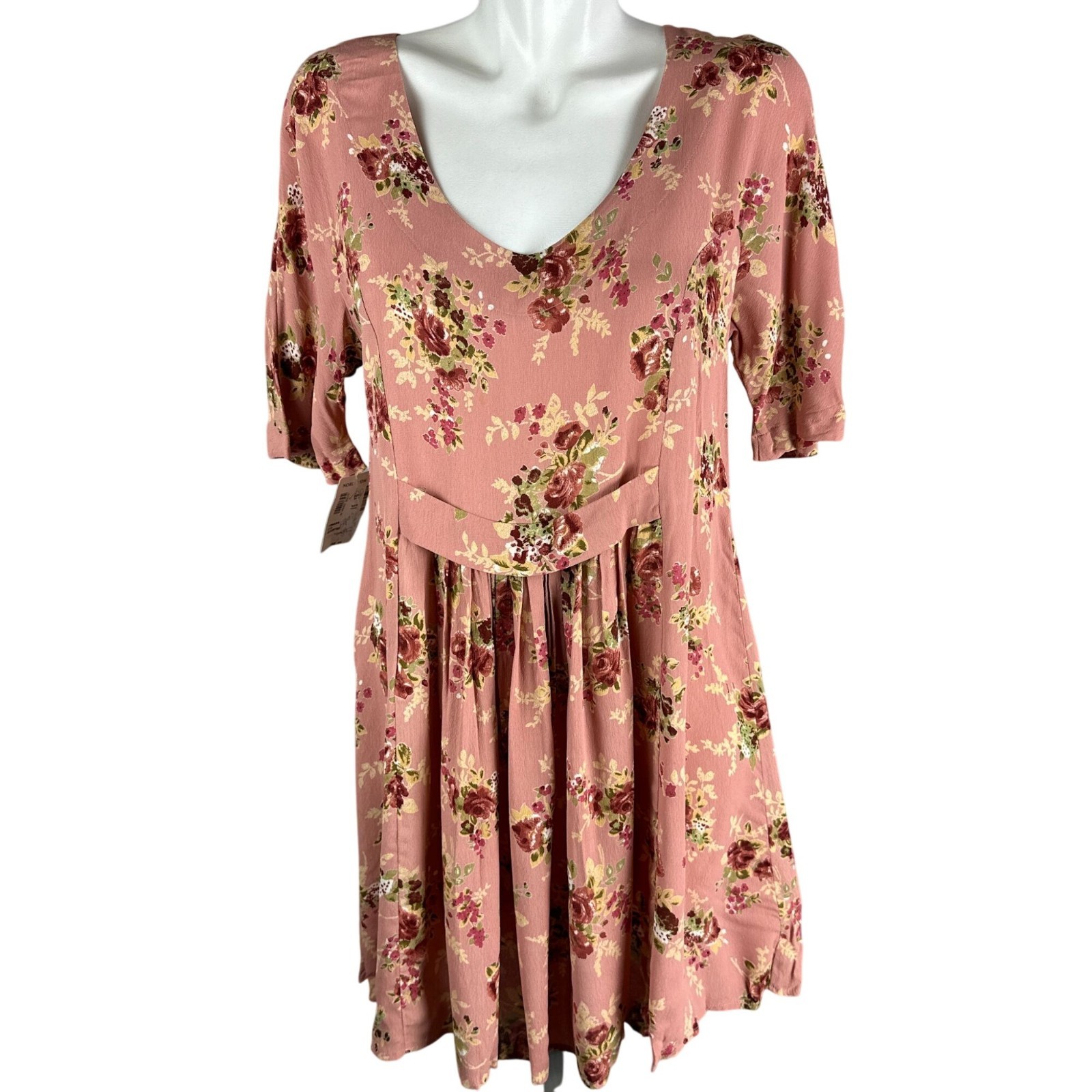 Vintage 90s Pink Floral Babydoll Dress Short Sleeve Grunge Flowy Deadstock OS