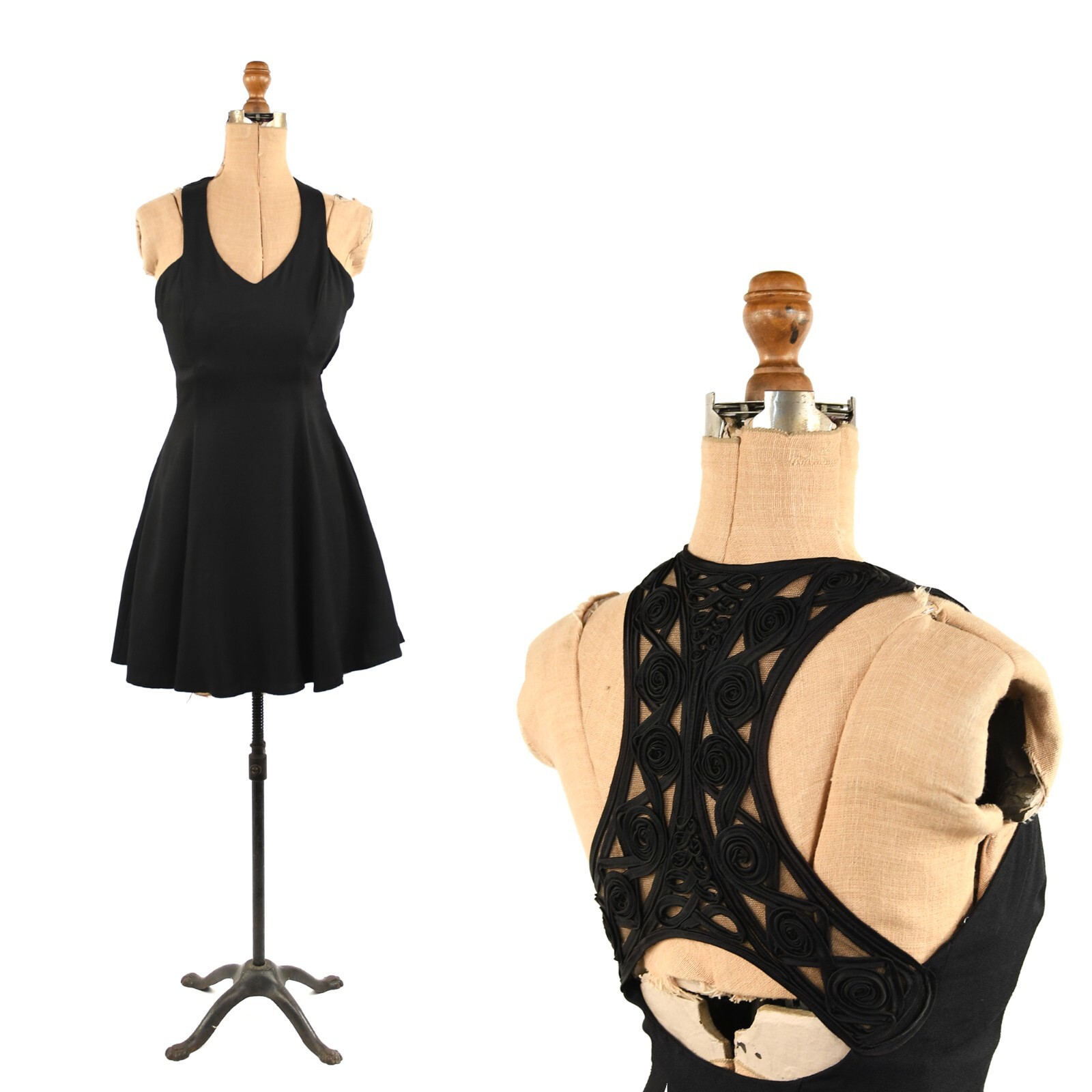 Vintage 90s Jessica McClintock Gunne Sax Black Crepe Sheer Back Cocktail Dress S