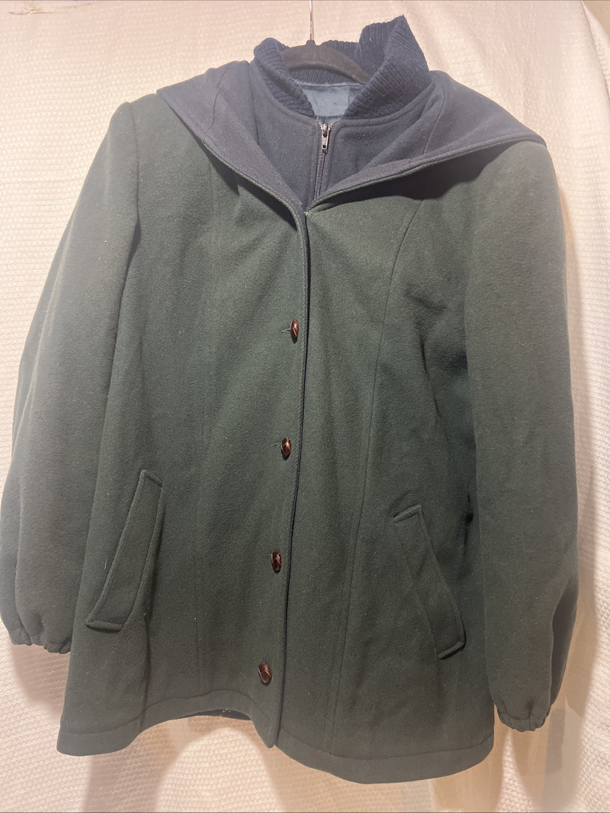 Mackintosh Vestcoat VTG Womens Green Wool Hooded Zip Button Size 12