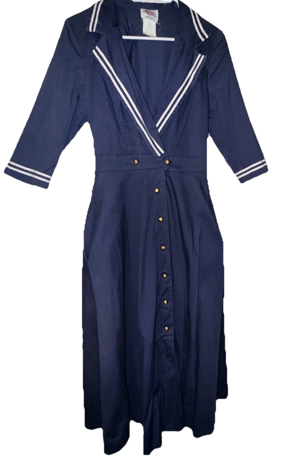 Vtg Lanz Sailor Dress Gold Buttons 3/4 Sleeve Pockets Navy Nautical Women’s READ