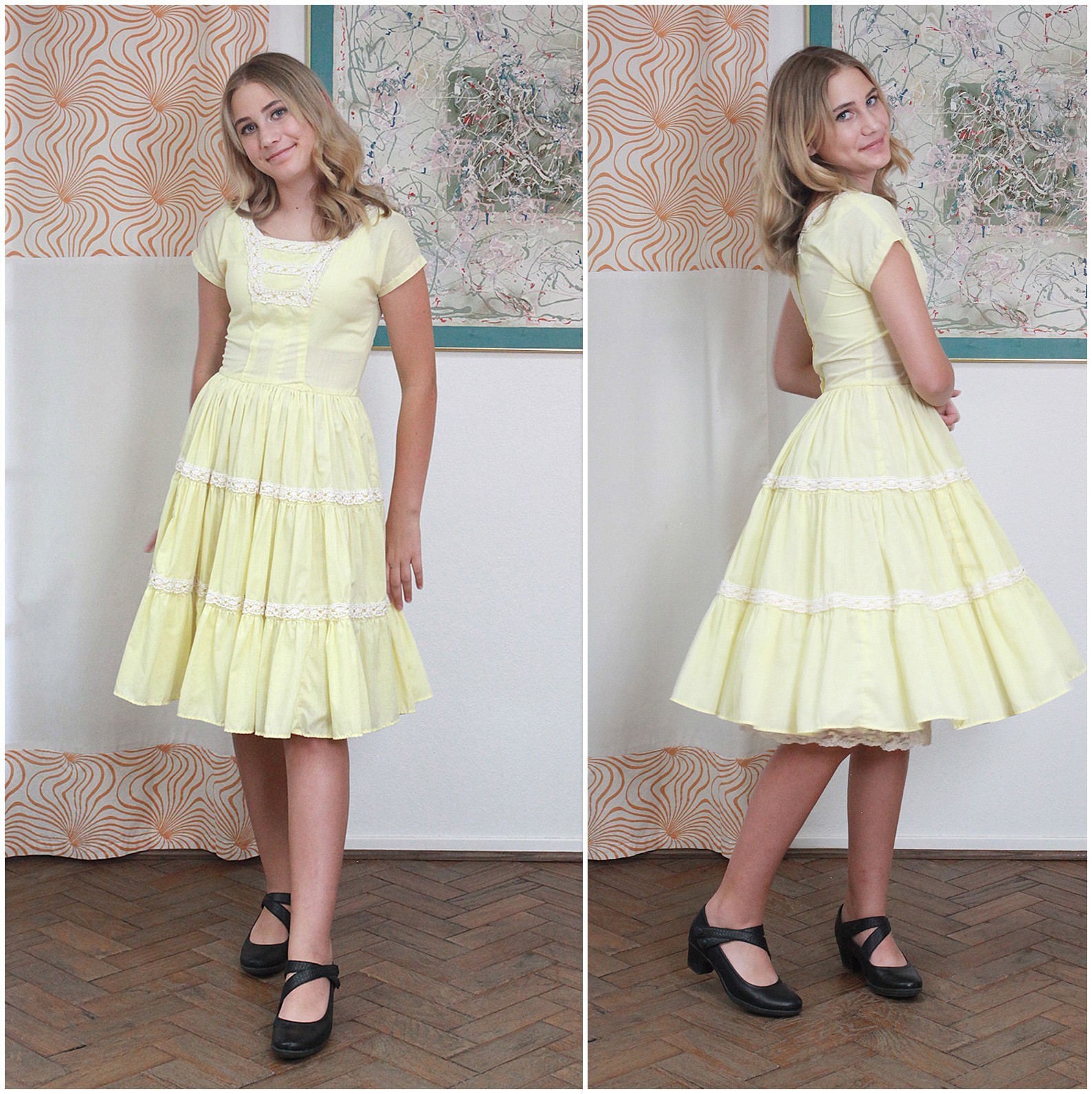 Vintage Yellow Patio Dress Square Dancing Pete Bettina Lace Coquette Prairie S