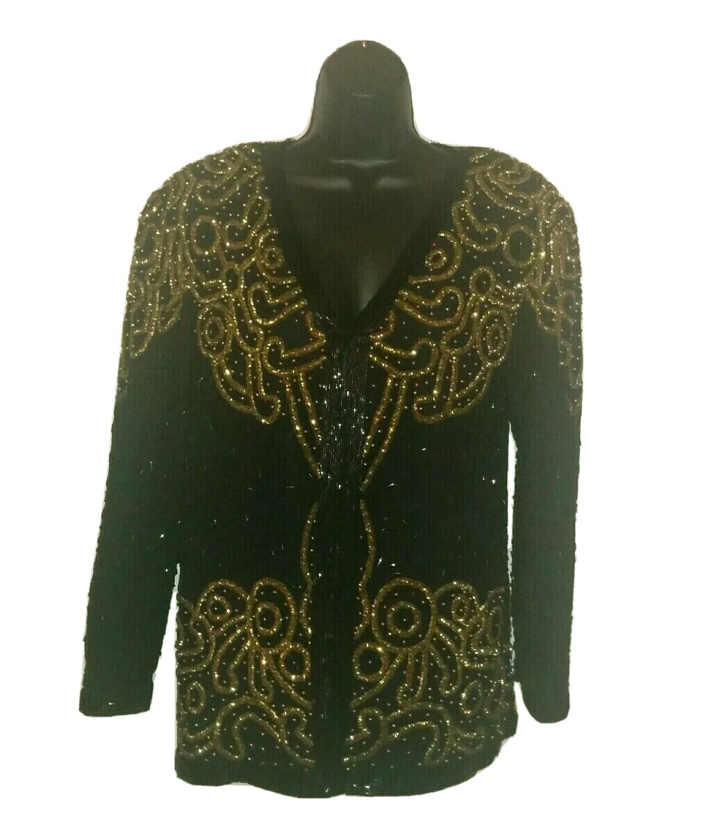 Vtg 80’s Nite Waves By Samir Suri Heavily Beaded & Sequin Gold Black Silk Jacket