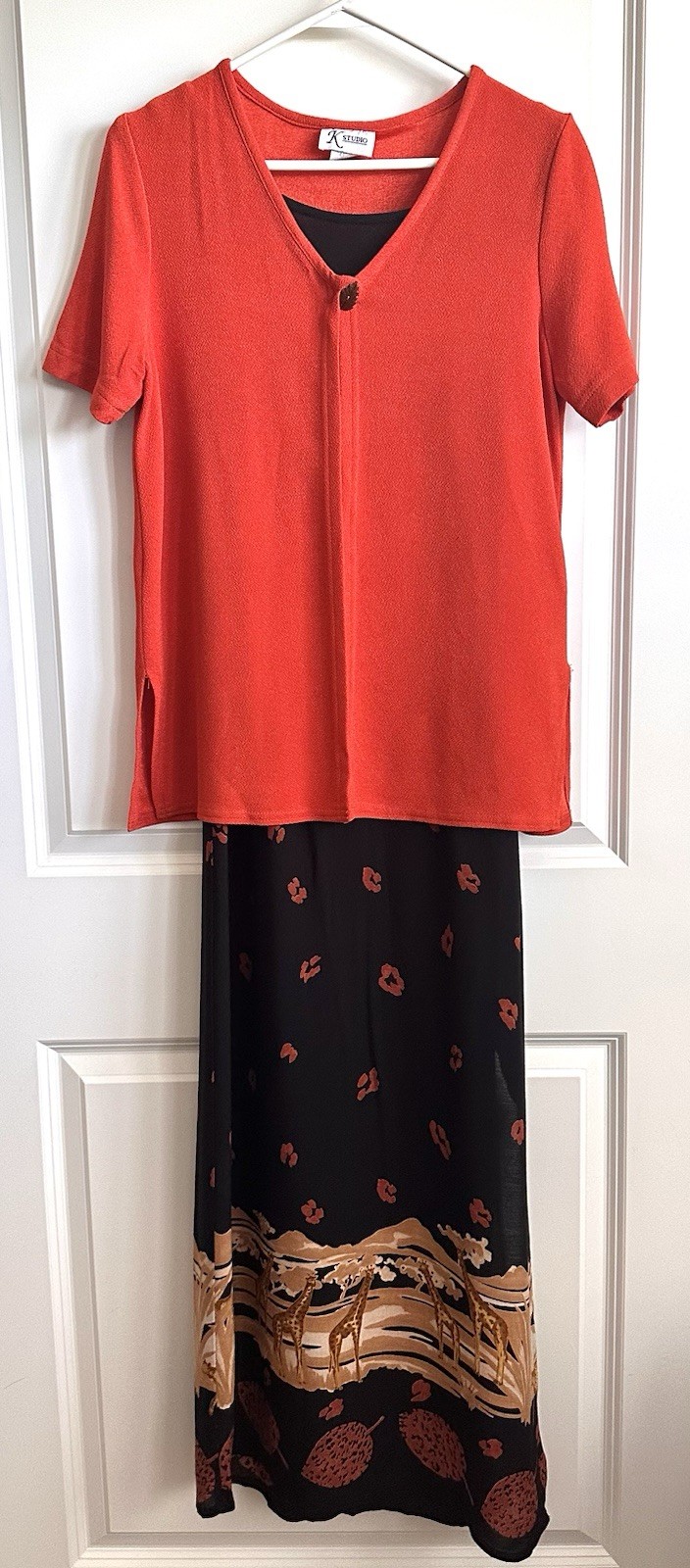 Vtg K Studio 2 Piece Giraffe Print Maxi Halter Dress Jacket Size 6 Black Red