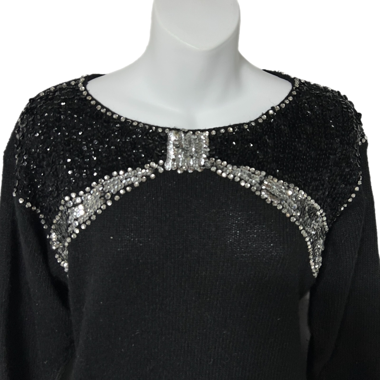 Vintage Black & Silver Sequin Rhinestone Ribbon Bow Embellished Sweater S Angora