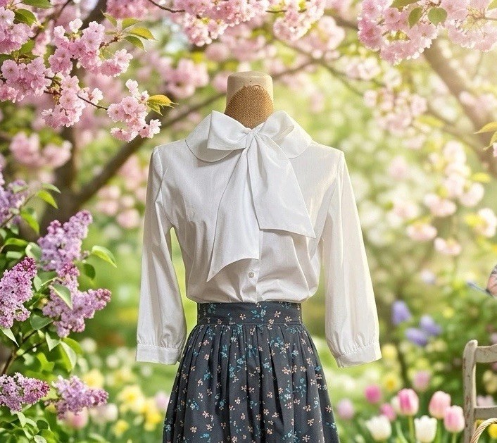 Vintage Sybil White 3/4 Sleeve Blouse Round Collar Detachable Sash Tie Front