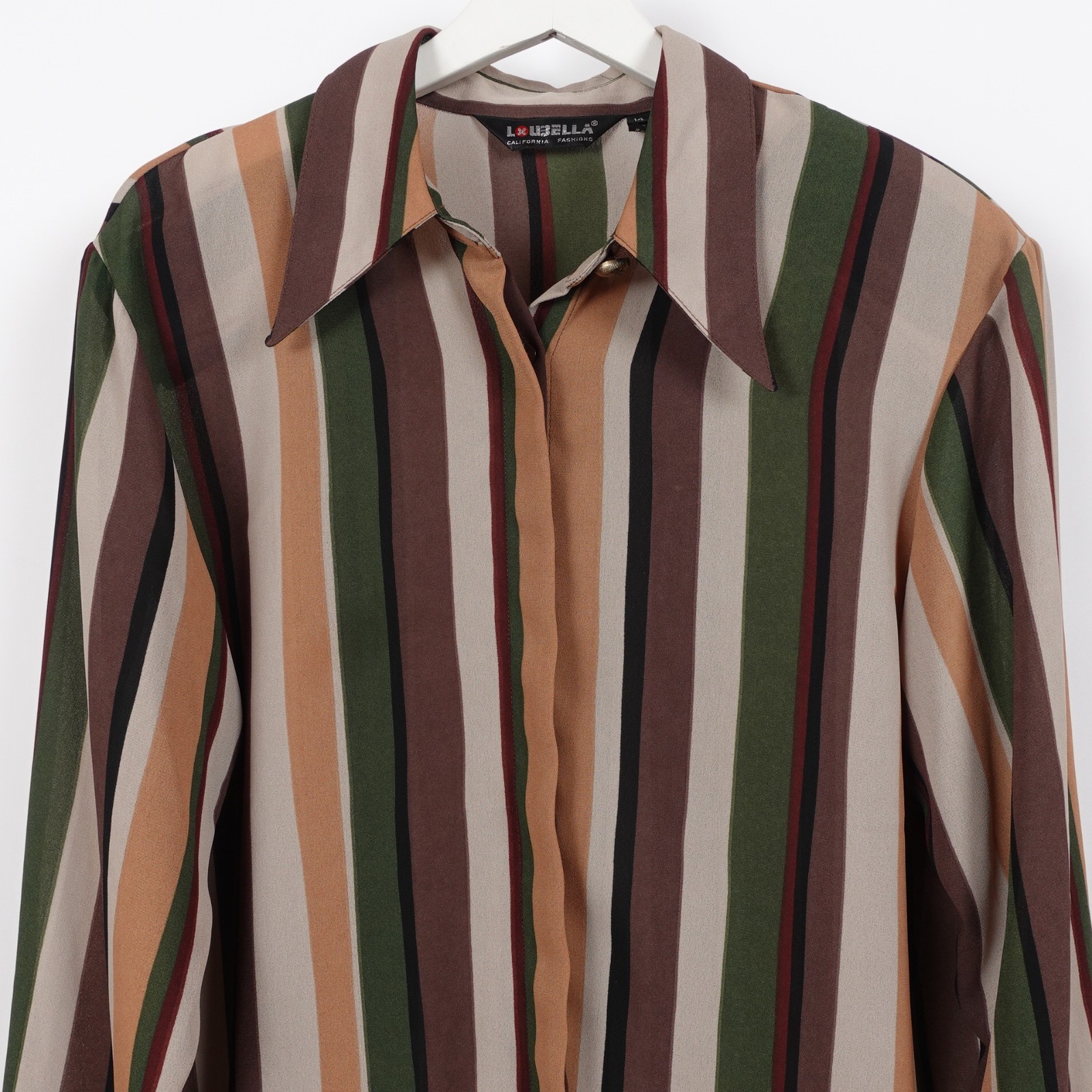 Vintage 70s Women’s Disco Shirt Striped Vertical Loubella Dagger Collar Large