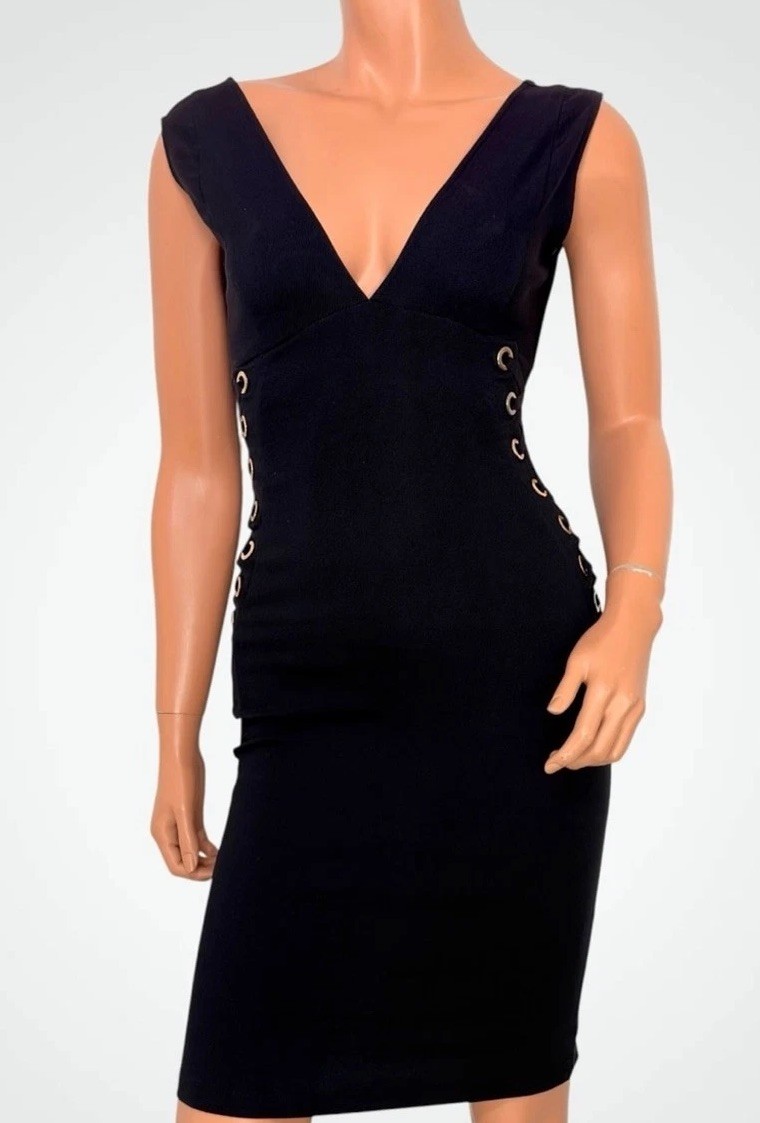 90s Black Gold Grommet Lace-Up Corset Dress XS Indie Sleaze Mall Goth Whimsigoth
