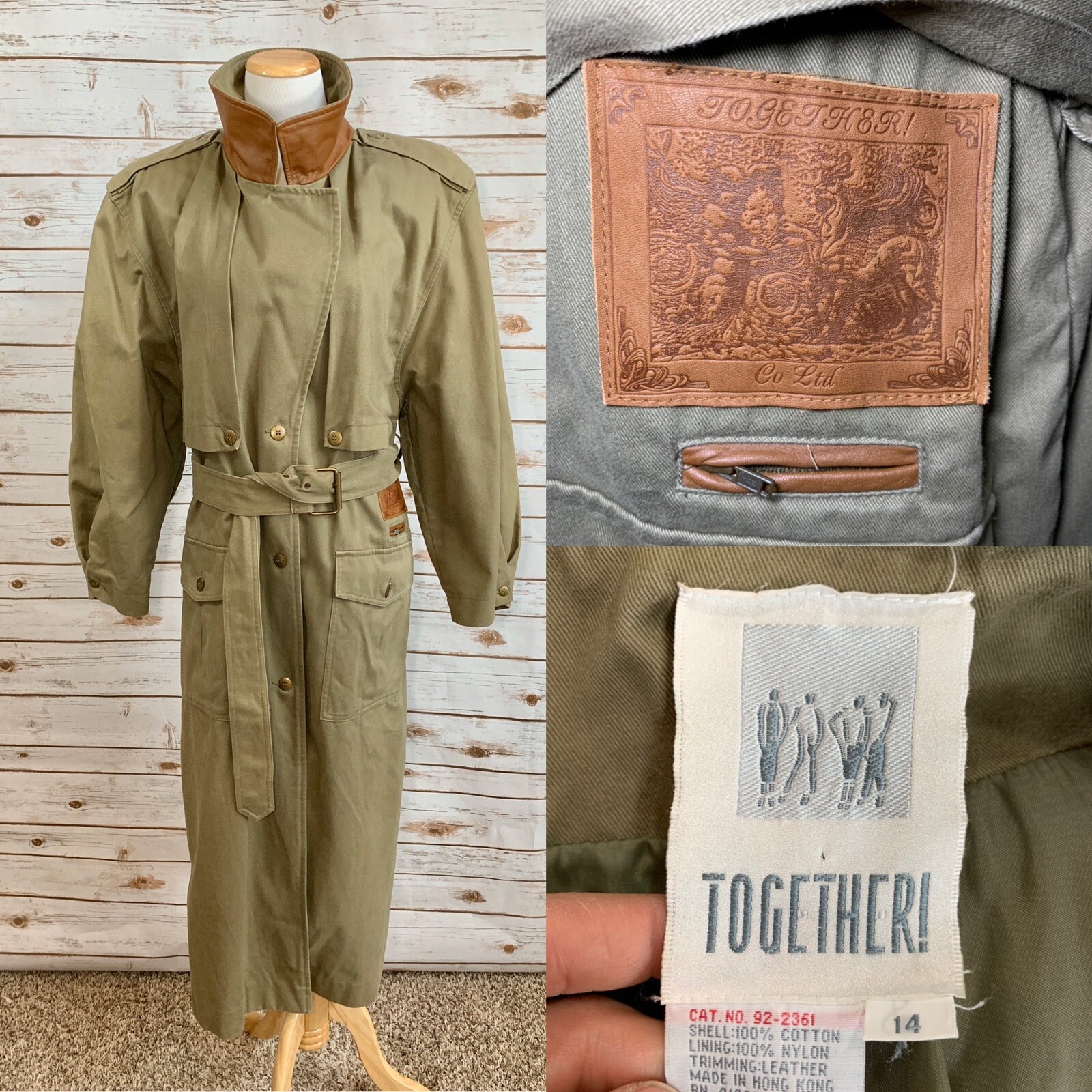 VTG TOGETHER Army Green Western Military Trench Coat Jacket Long 14 Womens