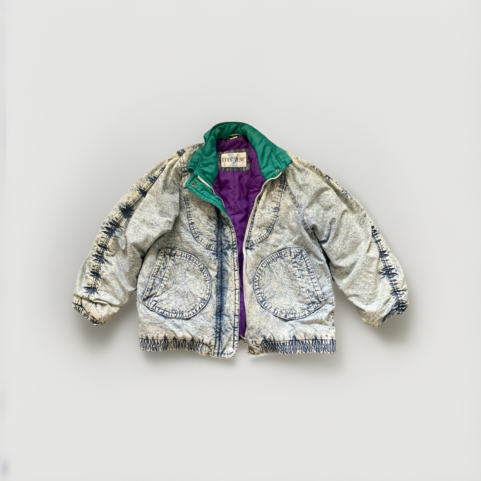 Inner View Vintage 1980s Acid Wash Denim Jacket Light Blue Purple Green S