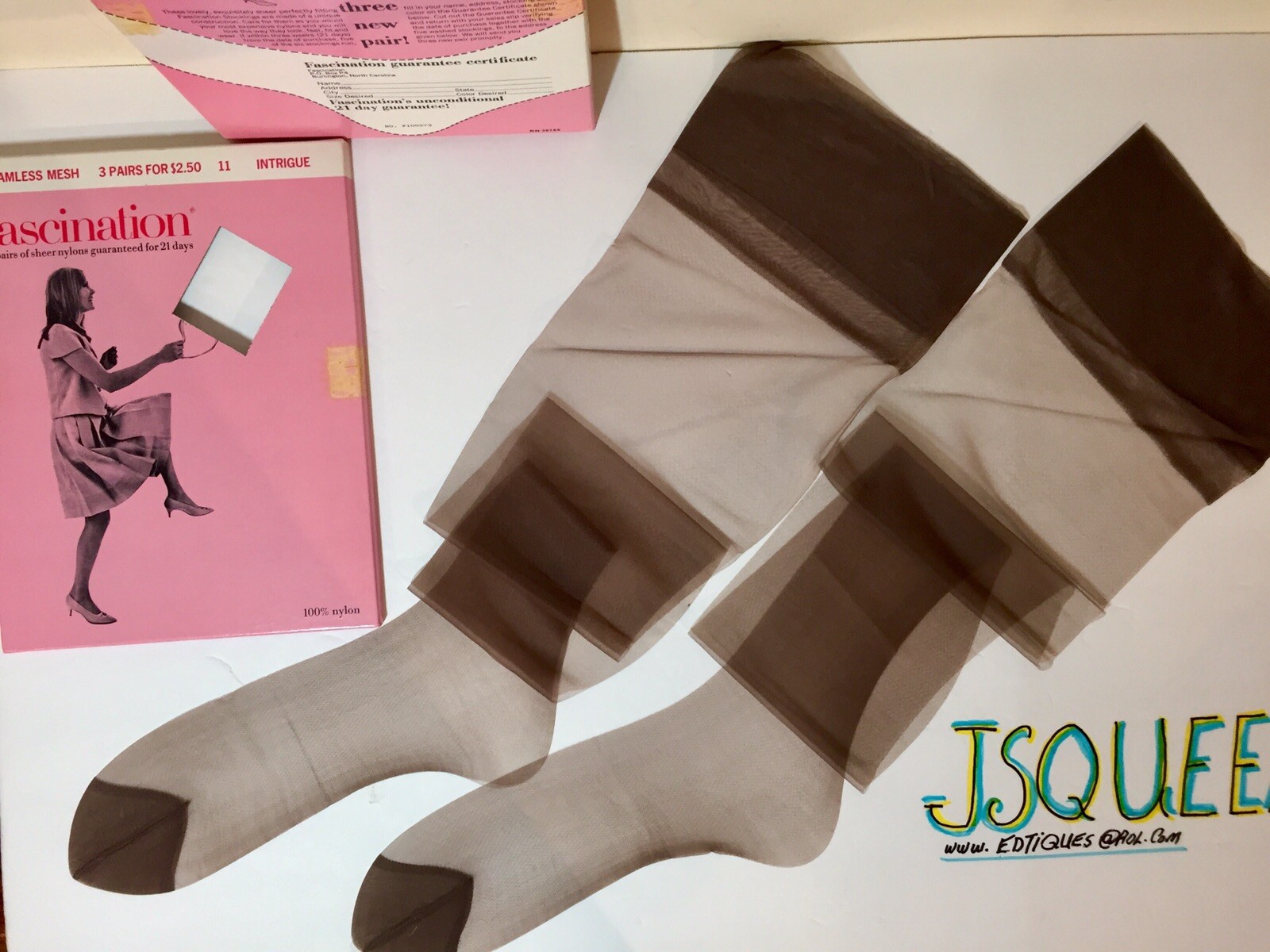 Vintage 3 Pairs 11 X 35” FASCINATION Nylon Stockings Intrigue Demi~Toe Nude Heel