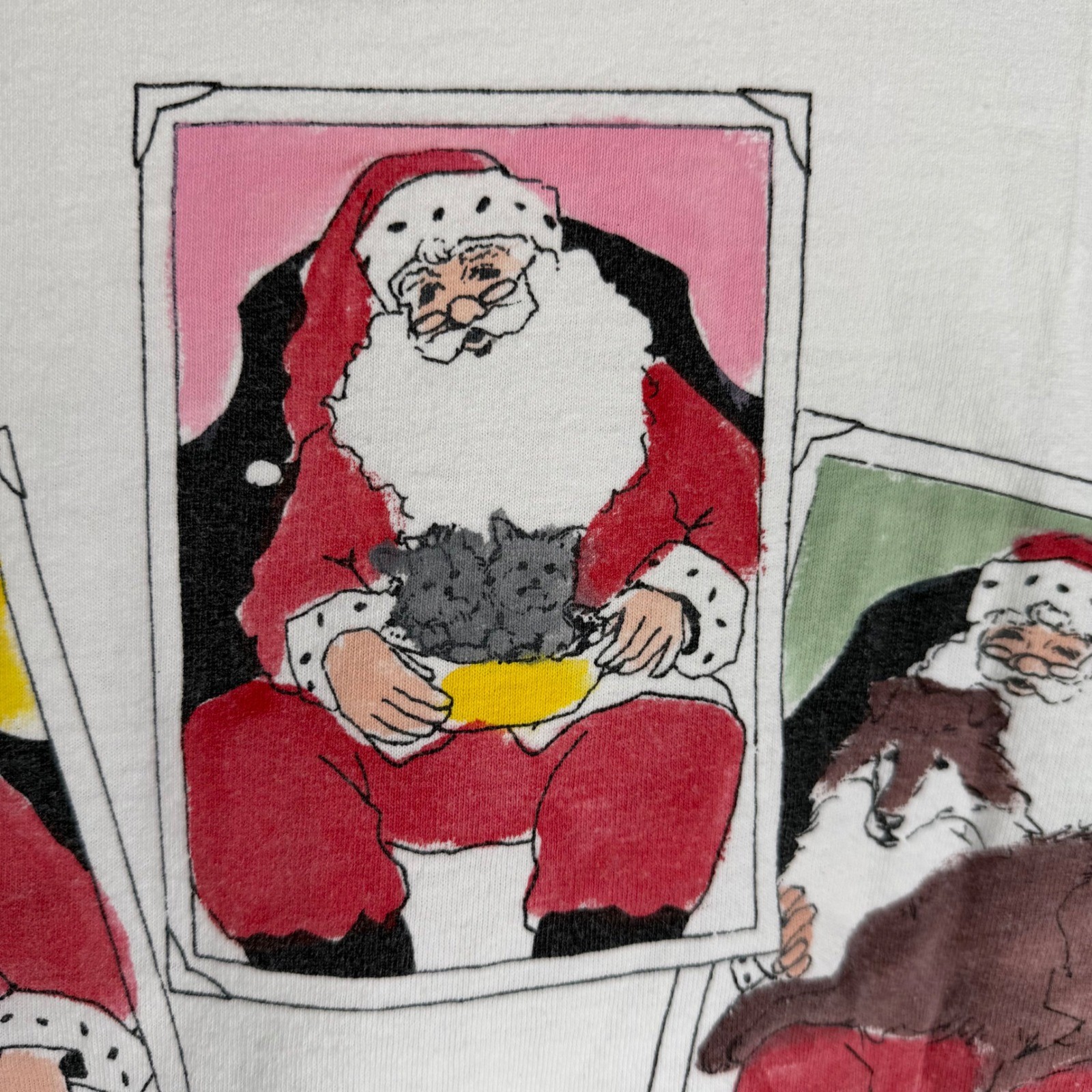 Vintage Diane Wat Hand Painted Christmas Dogs Santa T-Shirt White One Size