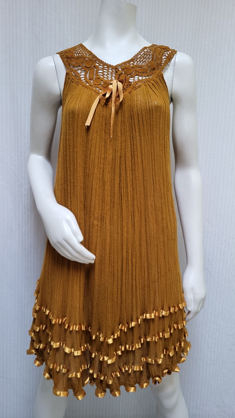 Vintage Gold Cotton Gauze Dress with Crochet & Satin Ribbon Trim – Size M/L -EUC