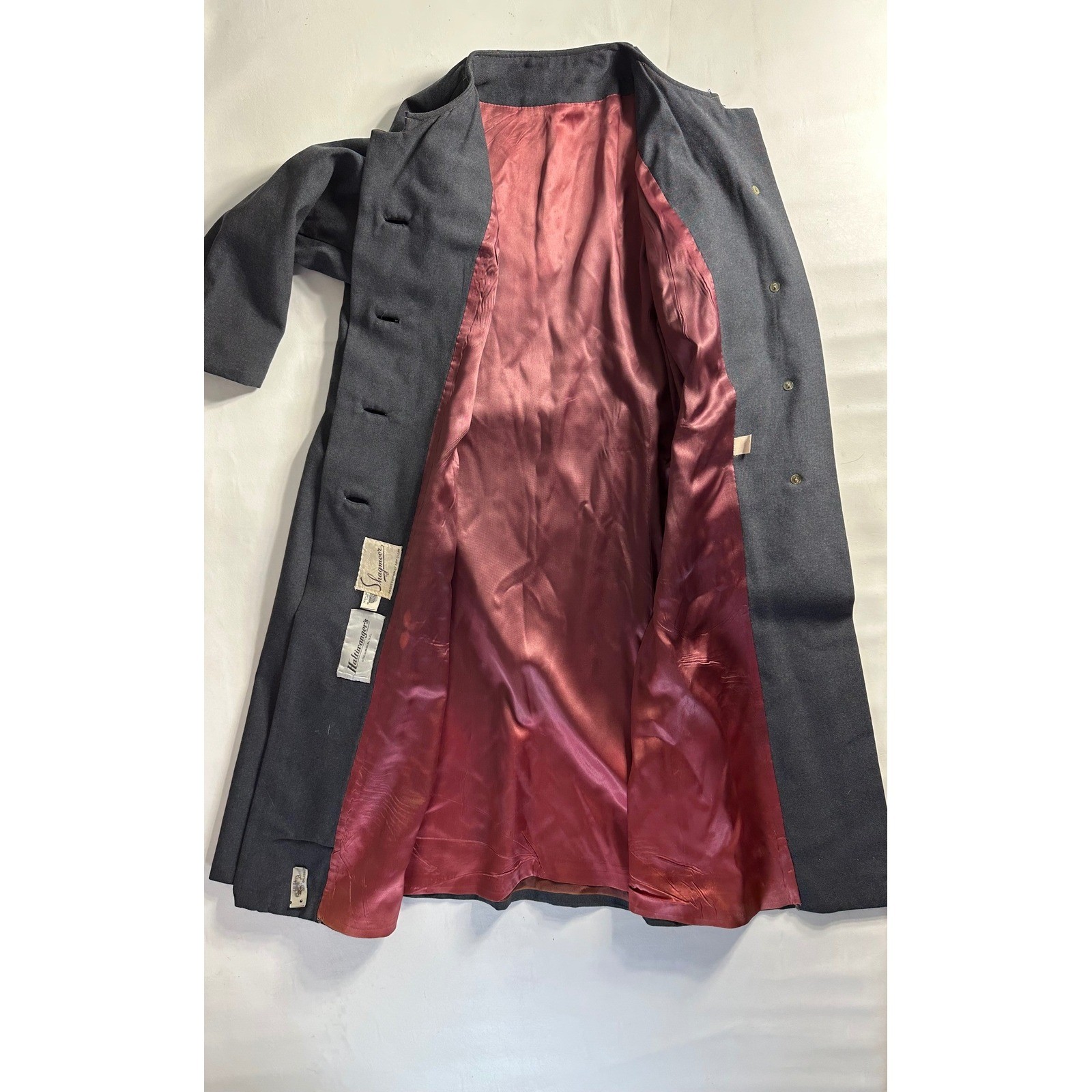 Vintage Shagmoor 60s Mod Charcoal Gray Wool Collarless Long Coat Pink Lining