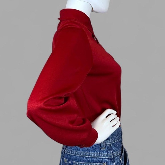 Vintage 70s Devon Red Dacron Polyester Dagger Collar Button Up Blouse Womens M