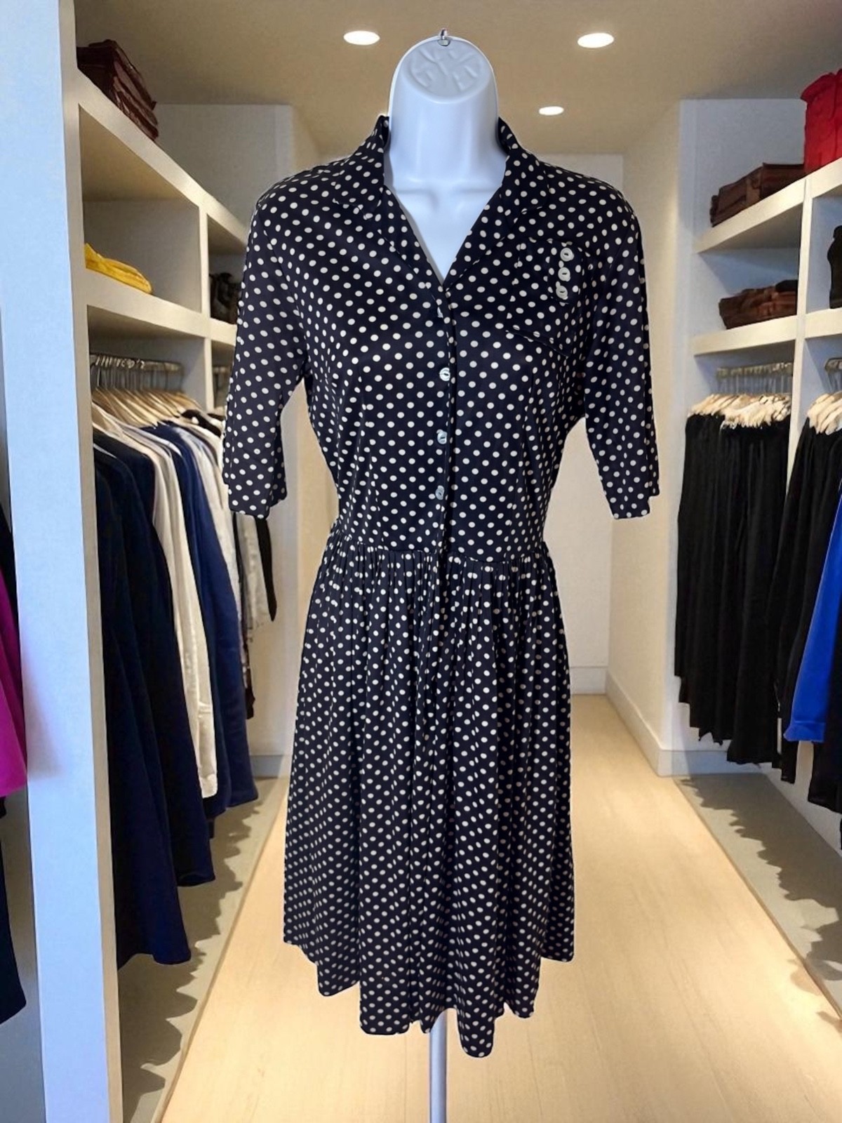 Vtg 50s Shirt Dress S Polka Dot Fit Flare Pinup Retro Rockabilly Button Pocket