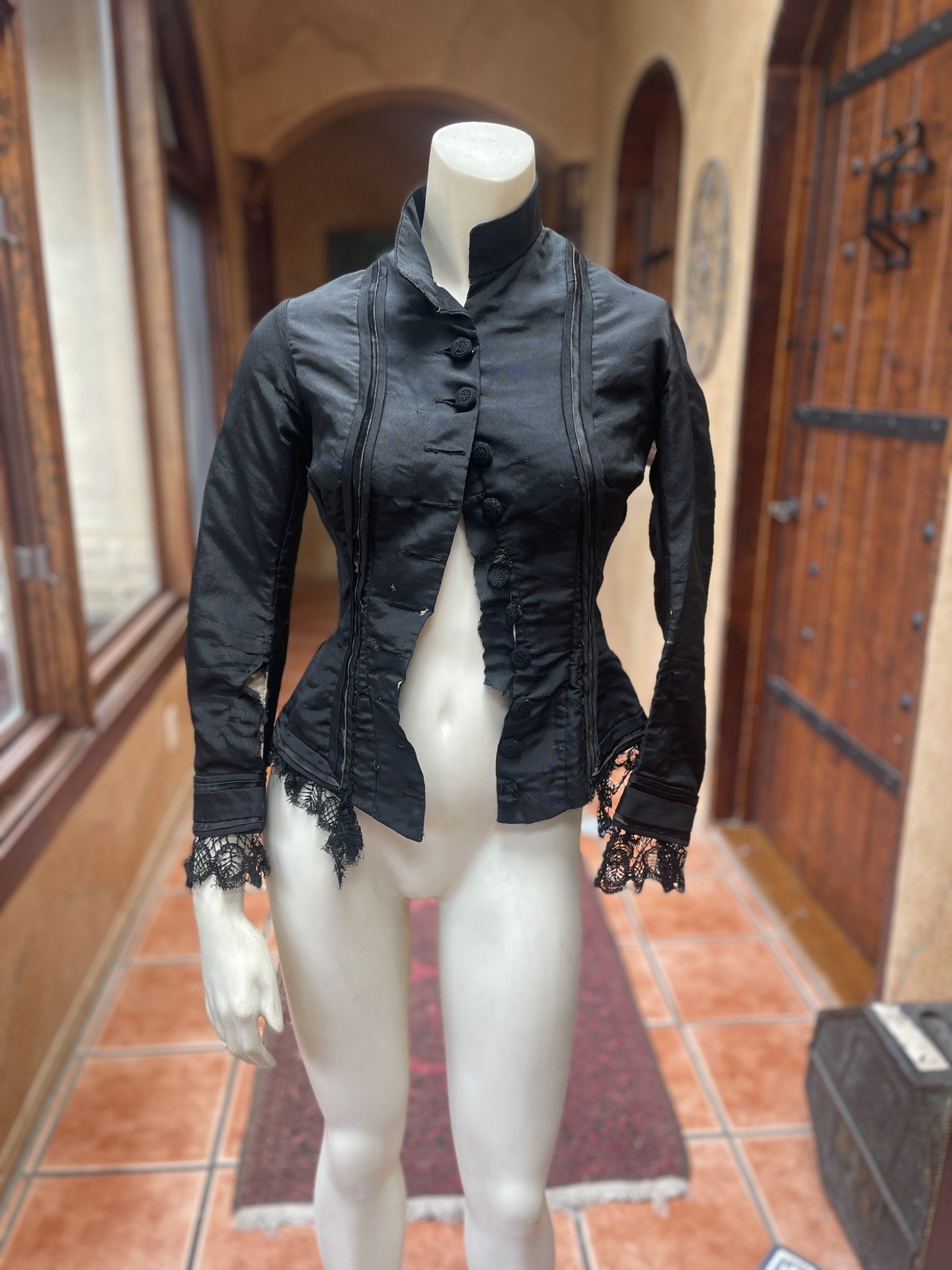 Antique 1880s Victorian Black Silk Bodice XXS AS IS