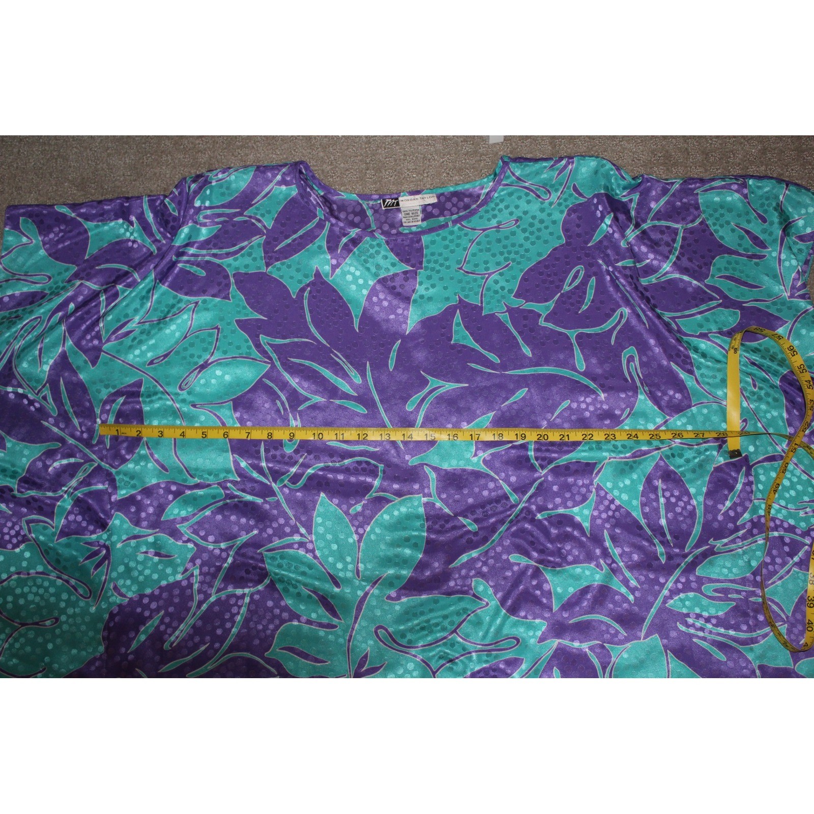 VTG Morgan Taylor Caftan Gown Purple Teal Tropical Satin Women’s Mumu Coverup OS