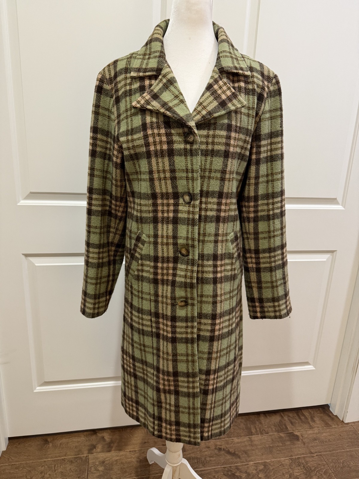 Vintage Plaid Green Brown Wool Coat Preppie Y2K Women’s Small