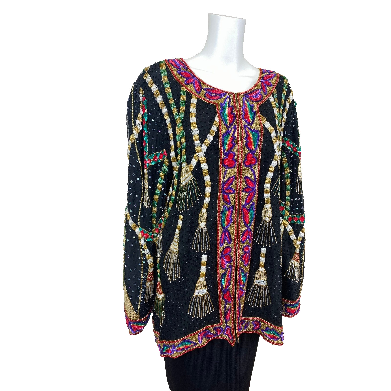 Vintage 1980s Silk Sequins Beaded Jacket Tassel Design Party Top New Years Eve