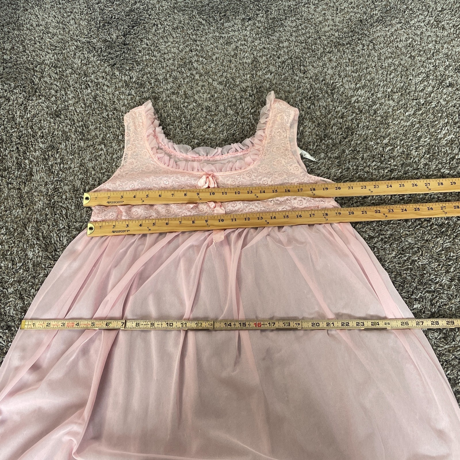 Vintage 70s Peignoir Set Large Pink Sheer Chiffon Lace Lingerie Babydoll 2 Piece