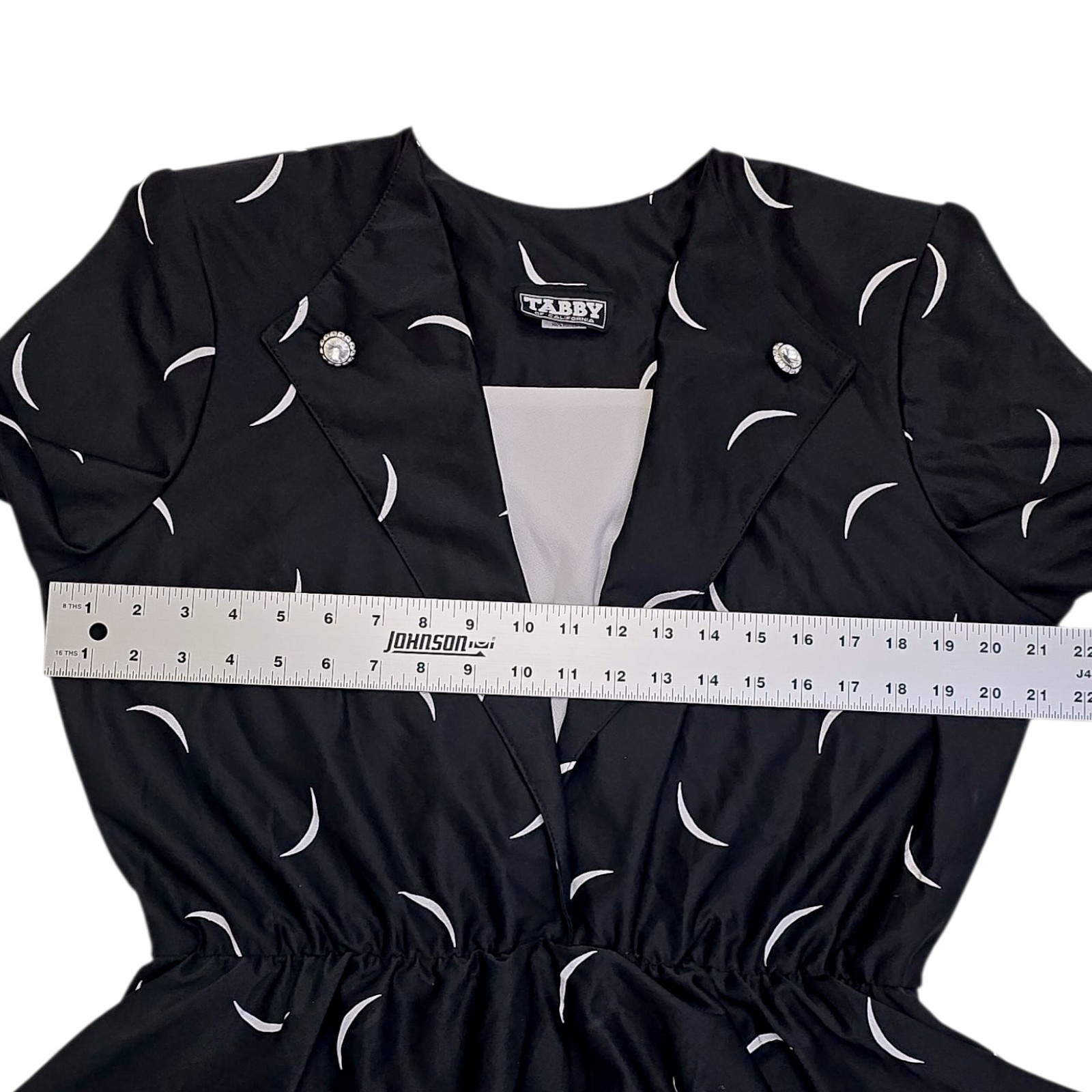 Vintage Tabby of California Dress Peplum Waist Black White Crescent Moon M 80s