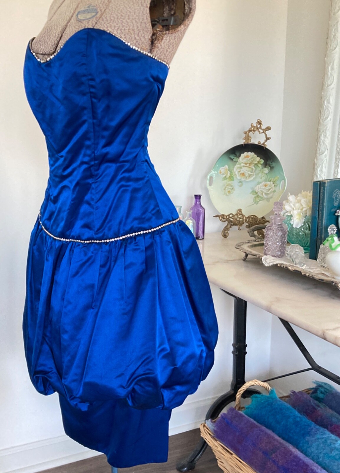 Vintage CACHE Peacock Blue Silk Bubble COCKTAIL Dress Rhinestones Strapless 36