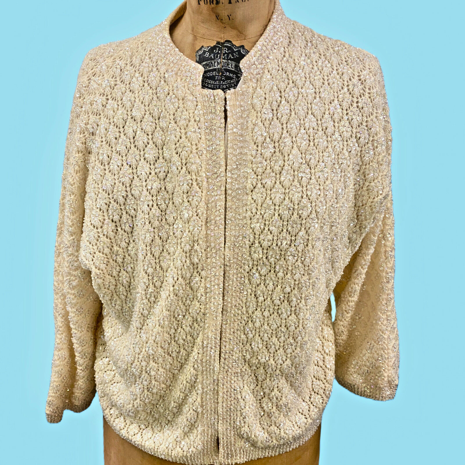 1950’s Sequined White Wool & Silk Formal Evening Sweater British Crown Colony HK