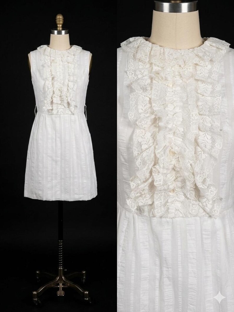 Vintage 1960s White Frilly Lace Mod Cotton Mini Dress Size XS/S