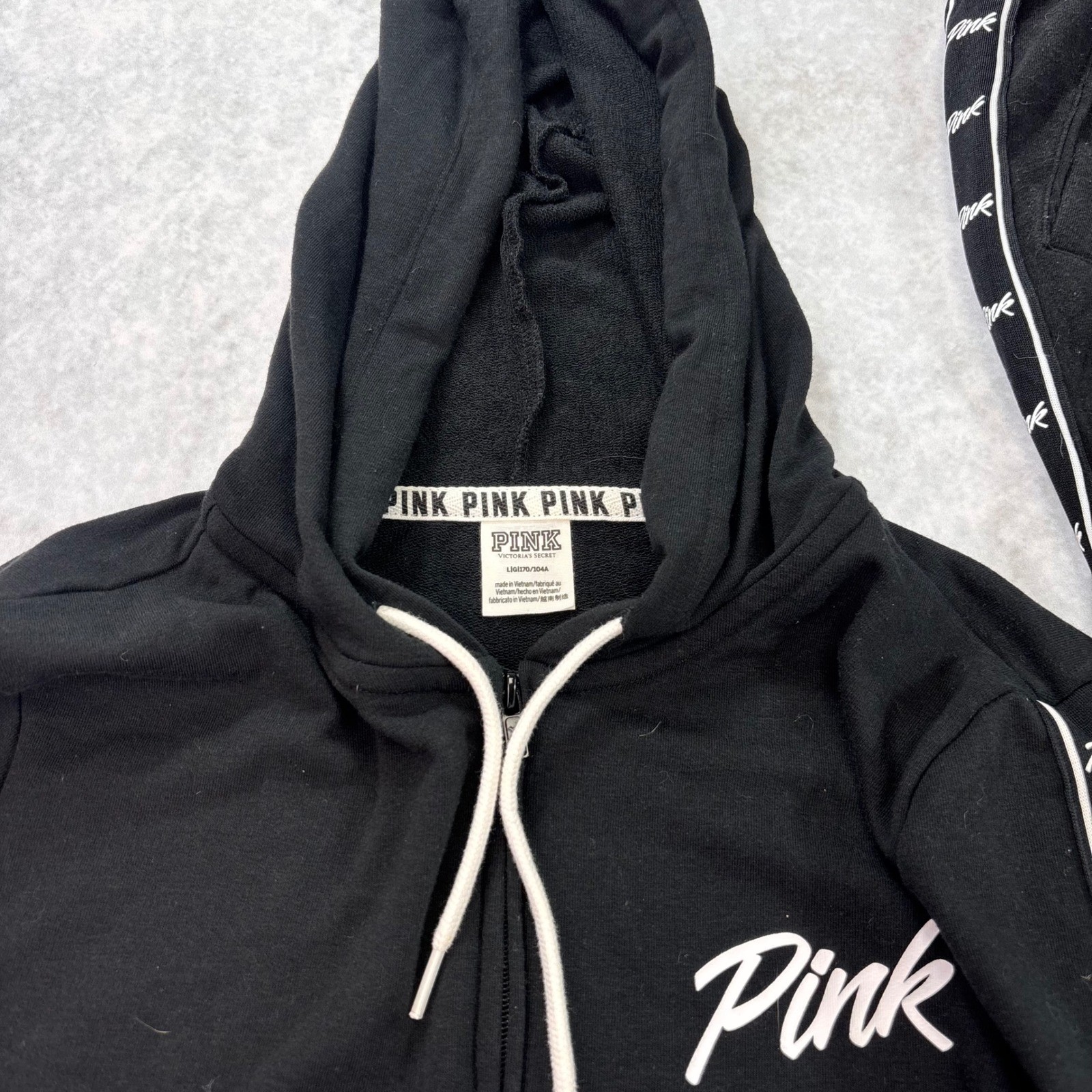 Victoria’s Secret PINK Black Tracksuit Set Hoodie Large Pants XS Logo Tape