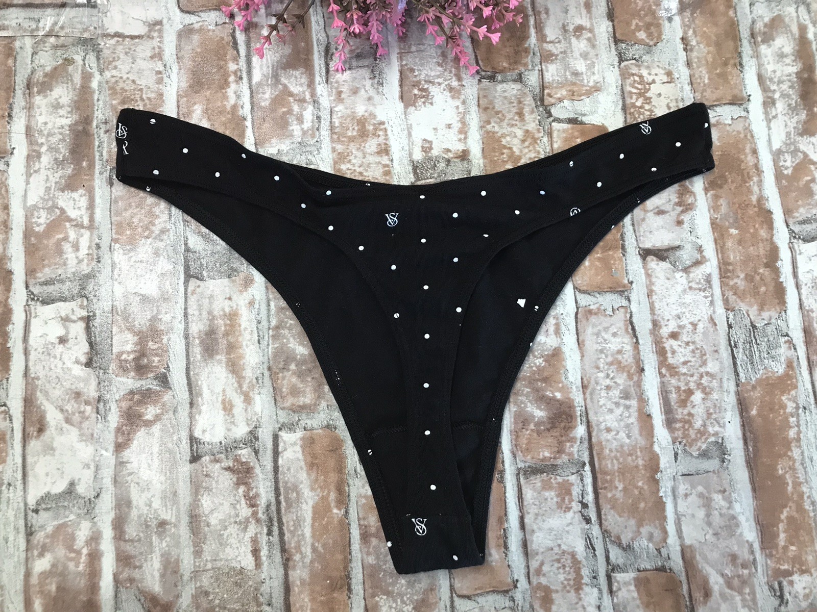 NWT VICTORIA’S SECRET PINK POLKA DOT THICK LOGO BAND HIGH WAIST THONG PANTIES LG