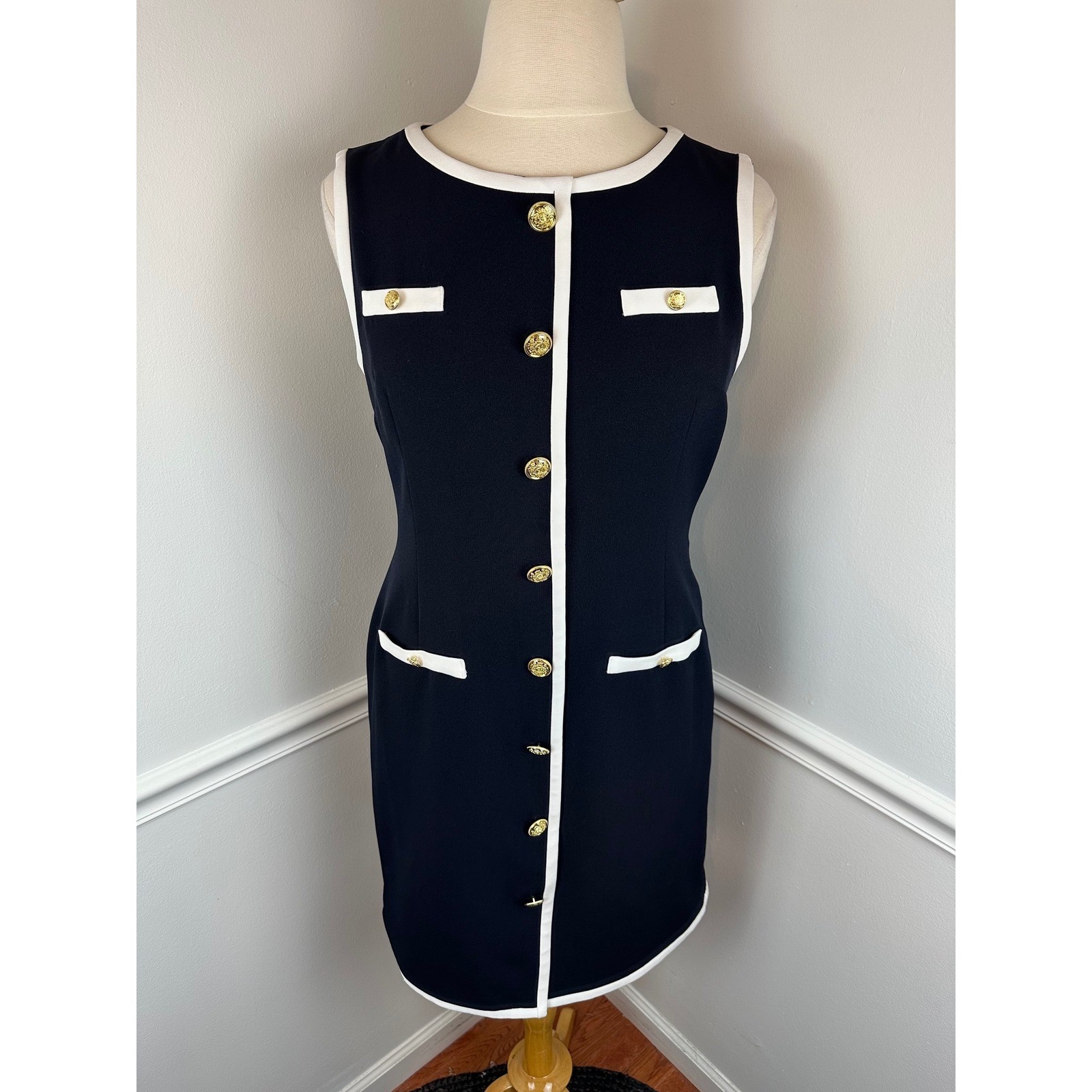 PRESTON & YORK Navy Blue & White Sleeveless Sailor Dress Gold Buttons NWT | 14