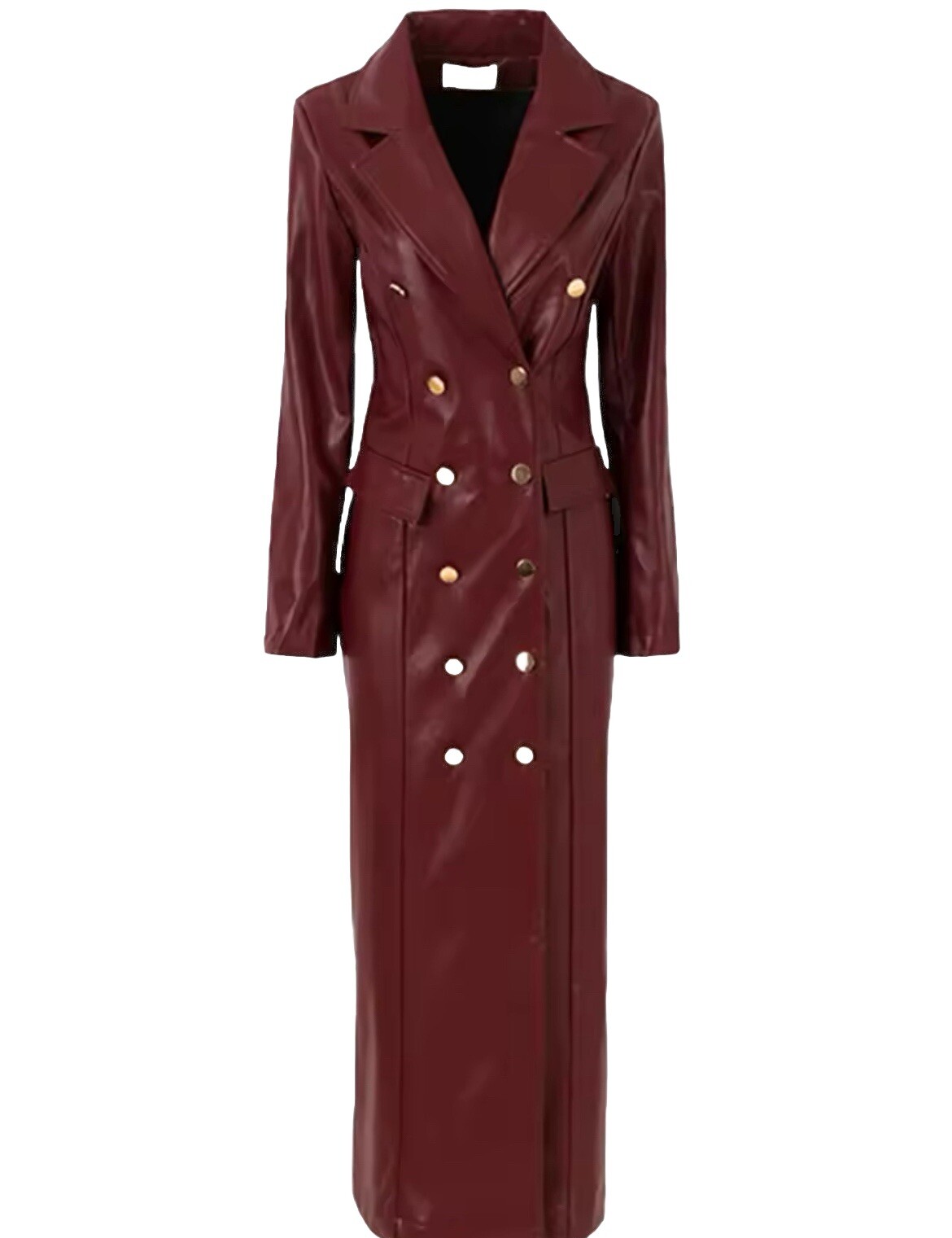 Runway Chic Leather Long Coat Jacket L US8-10 BURGUNDY