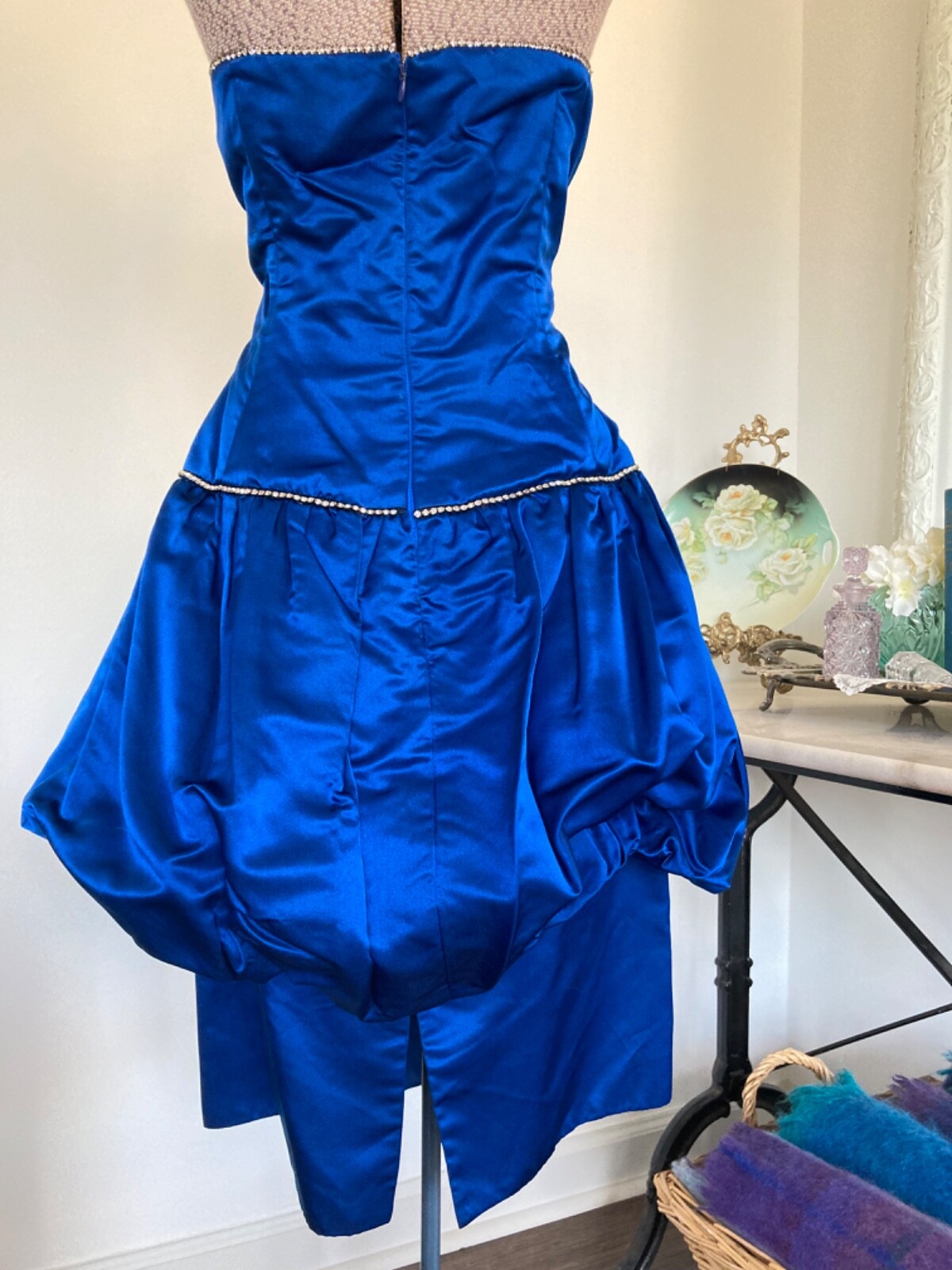 Vintage CACHE Peacock Blue Silk Bubble COCKTAIL Dress Rhinestones Strapless 36