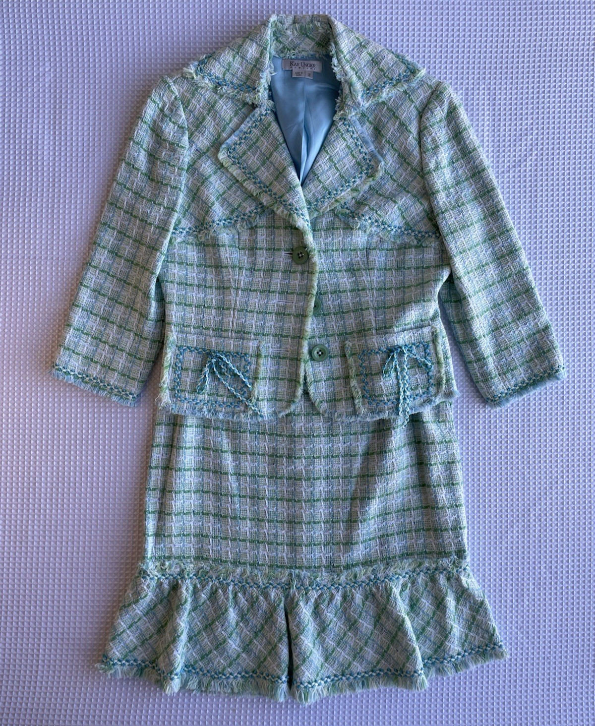 Kay Unger New York Tweed Jacket Skirt Suit | Fringe Trim | Pastel Green Sz 12