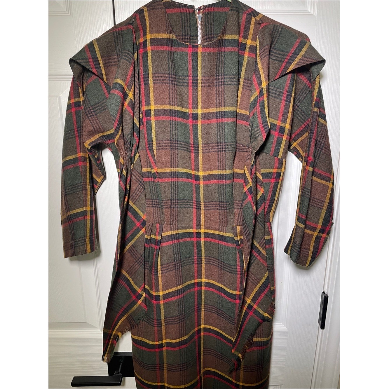 VTG 1950s Jerell Jr NY Brown Plaid Pencil Dress Neck Tie Size XS