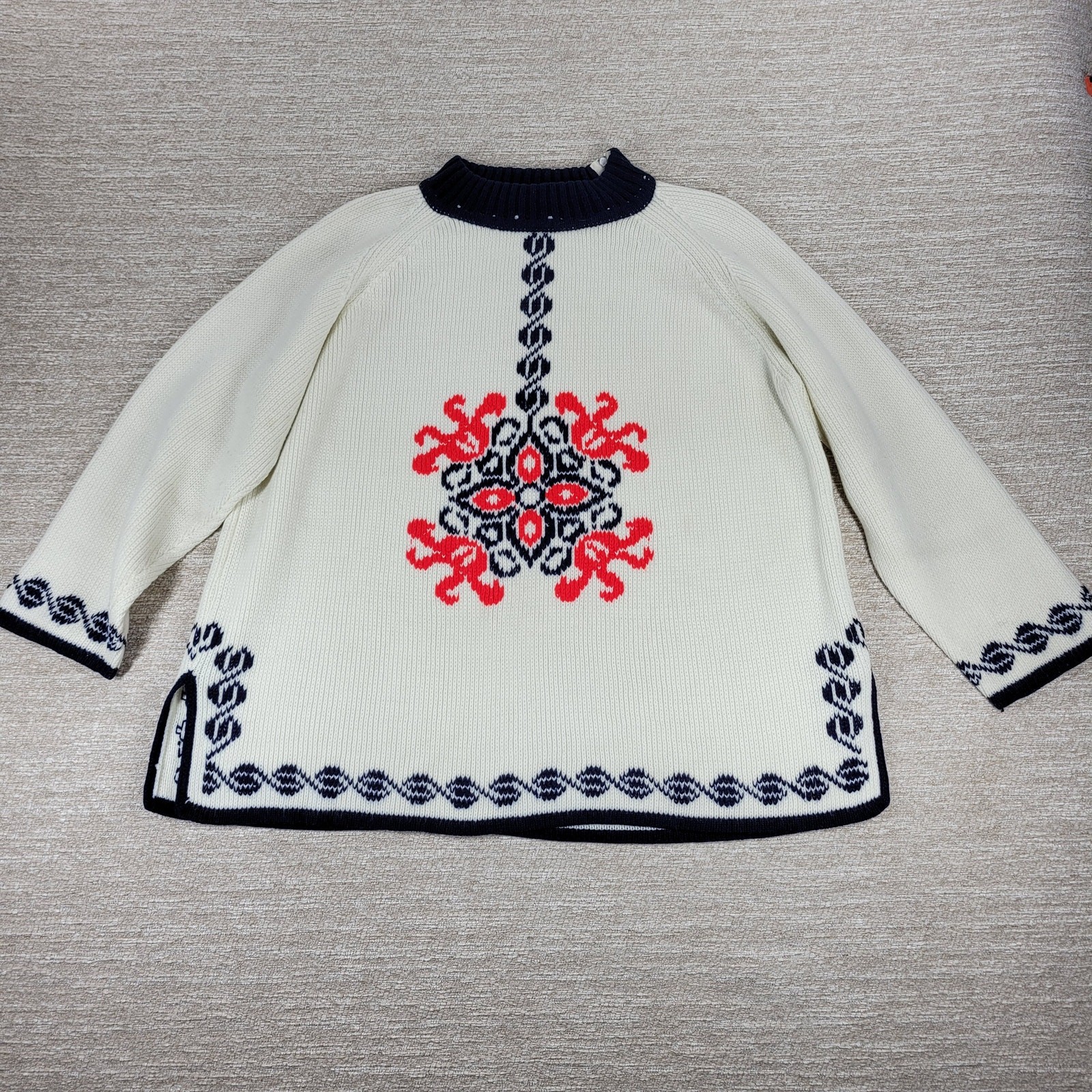 Vintage Nordic Knit Sweater Cream Red Navy Mock Neck Acrylic Wool Blend @L/XL