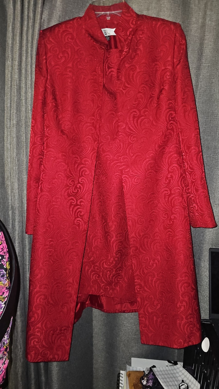Tahari Arthur S Levine Petite Red Jacquard Brocade Duster Jacket 2PC 6Petite
