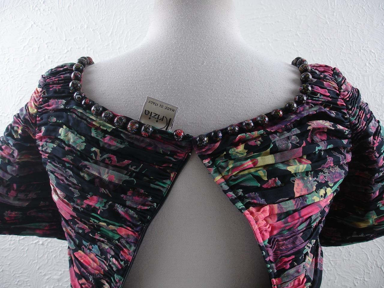 Women’s XS S sz 42 Vtg 1980’s Krizia Italy Mini Dress 100% Silk Ruched Pleated