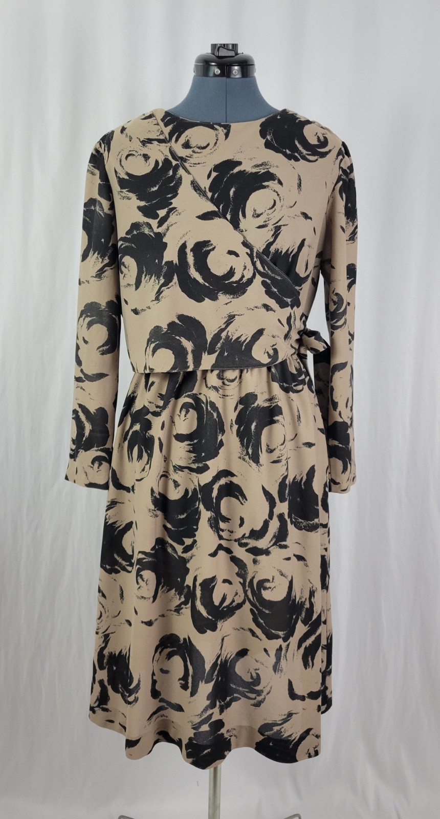 Vintage Marti Petite Brown & Black Blouson Dress w Overlay Wrap Size 16
