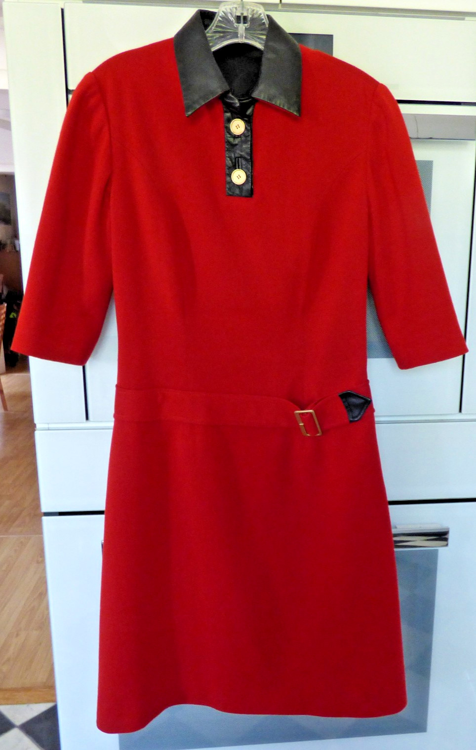 VINTAGE PEGGY JENNINGS DRESS RED WOOL KNIT W LEATHER TRIM FULLY SATIN LINED 4-6
